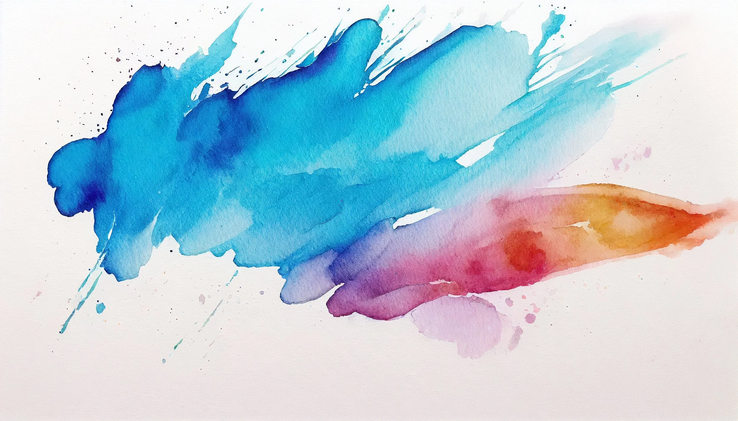 Abstract watercolor painting with blue, purple, pink, and orange brushstrokes on white paper.