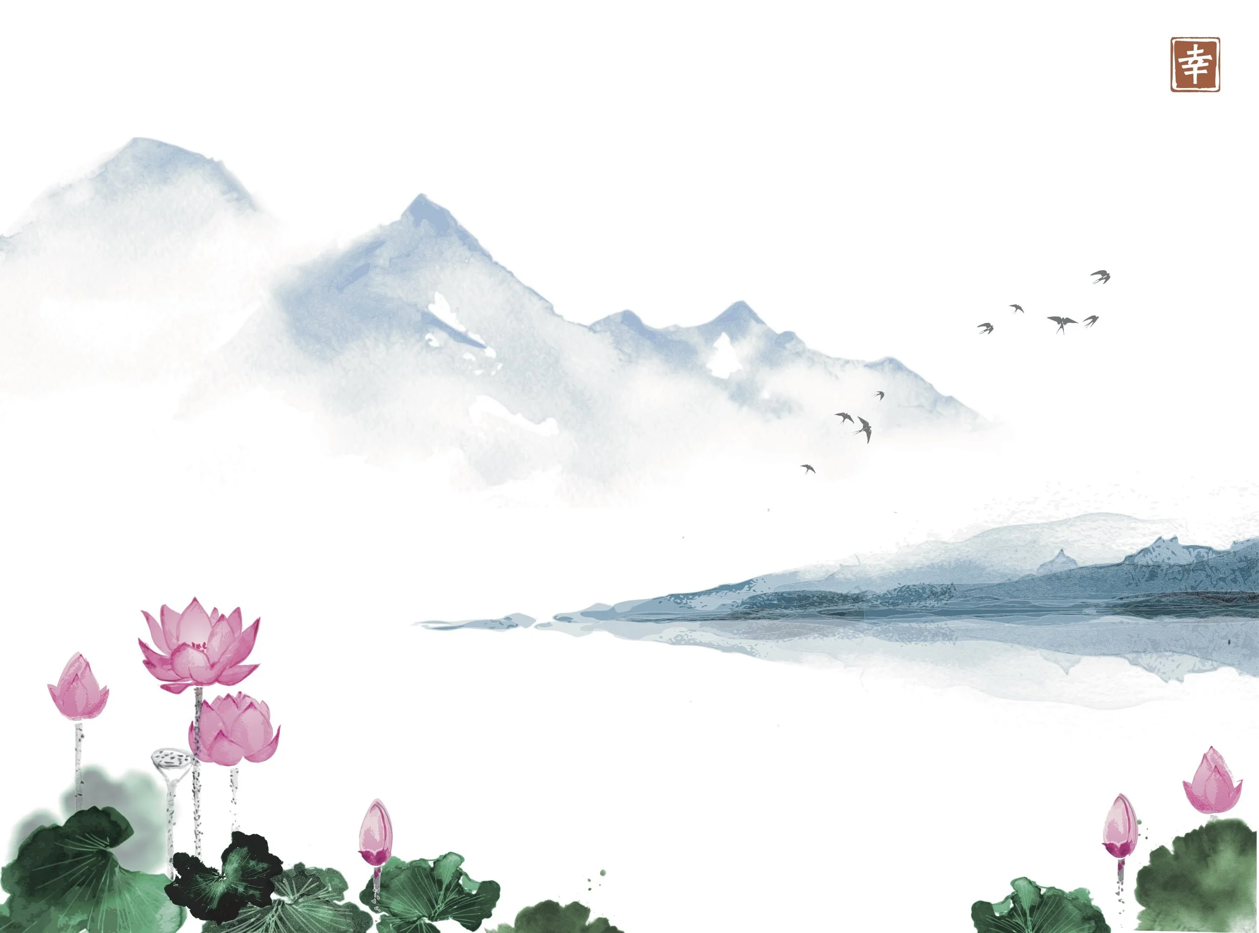 Watercolor painting of a mountain landscape with pink lotus flowers and green leaves in the foreground, birds flying in the sky.