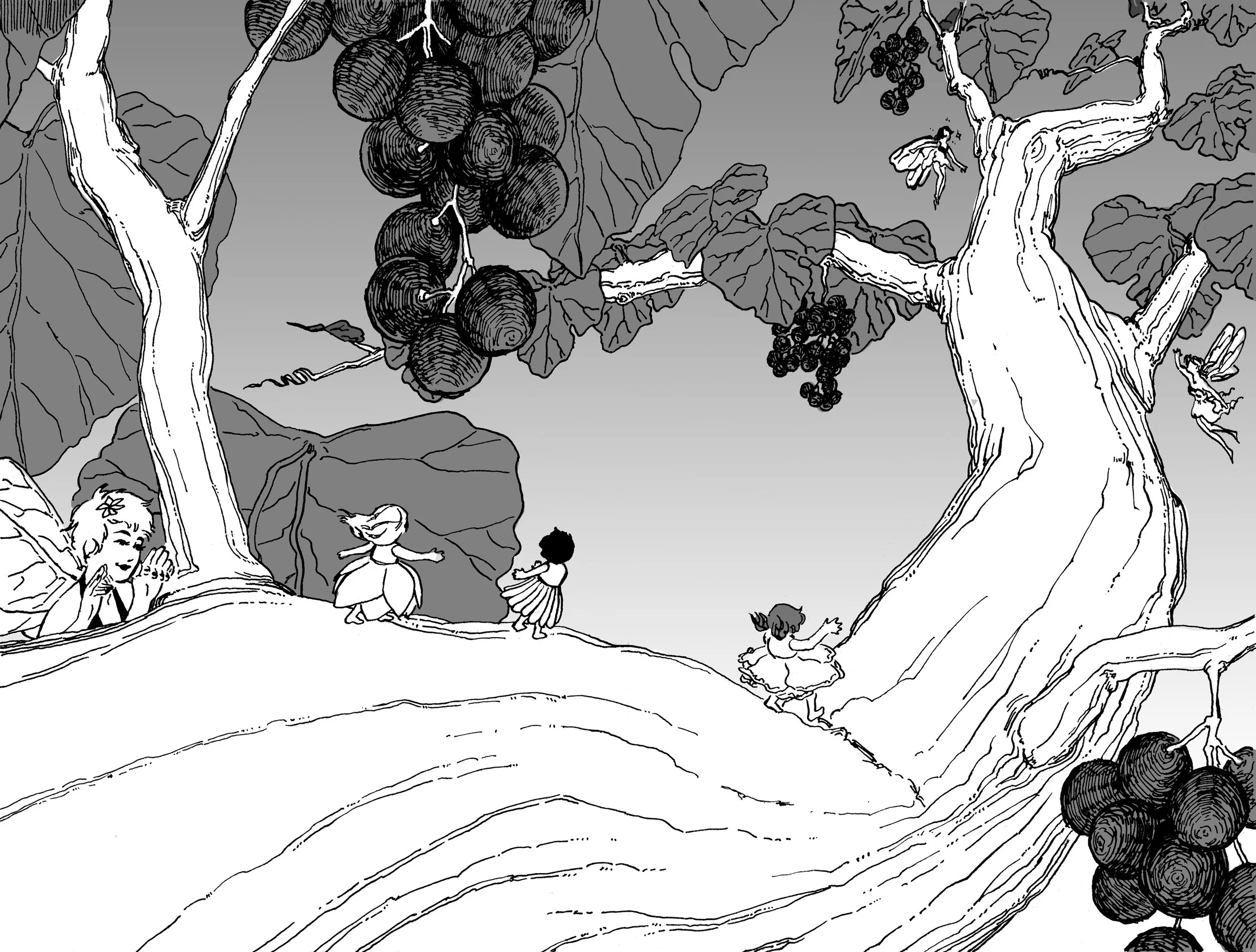 Grape Vine Spread, Ink and Digital, 8"x12", 2024