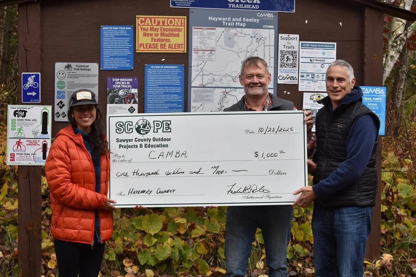 Thank you Sawyer County Outdoor Projects & Education, SCOPE! They generously donated funds (a portion distributed now and the rest at a later date), towards a Hatchery Creek Connector Trail (from the upper to the lower lot). This project is desig
