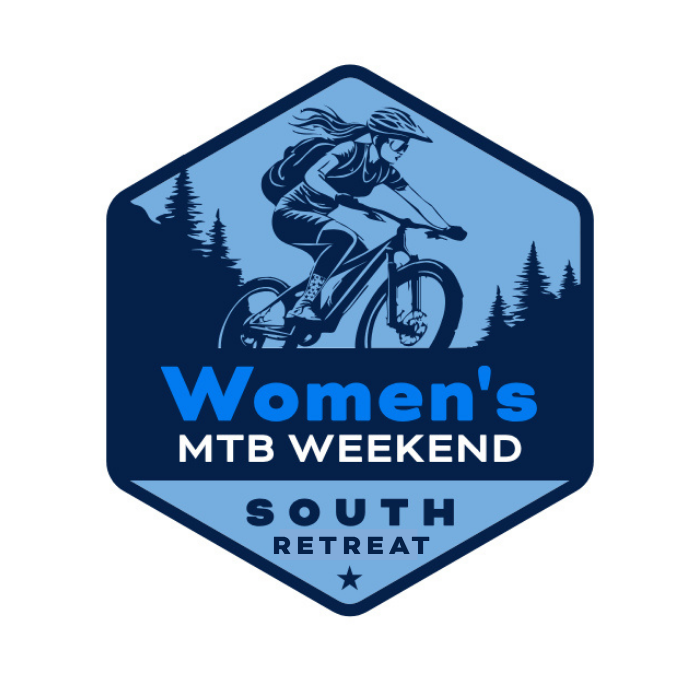 Logo for Women's South MTB Retreat Weekend, featuring a woman mountain biking through a forested landscape.