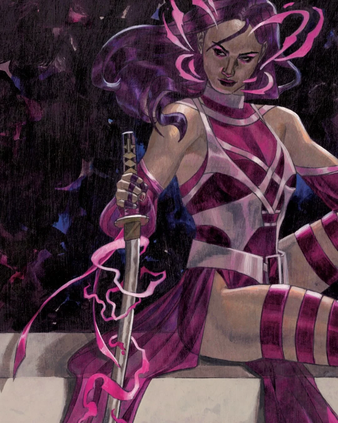 I did this #psylocke commission in 2021 and it remains a favorite of mine, and the cover for the art book I&rsquo;m working on 💜 with the announcement of the new Psylocke: Ninja series by @timseeley all I have to say is: &ldquo;put me in Coach!&rdqu