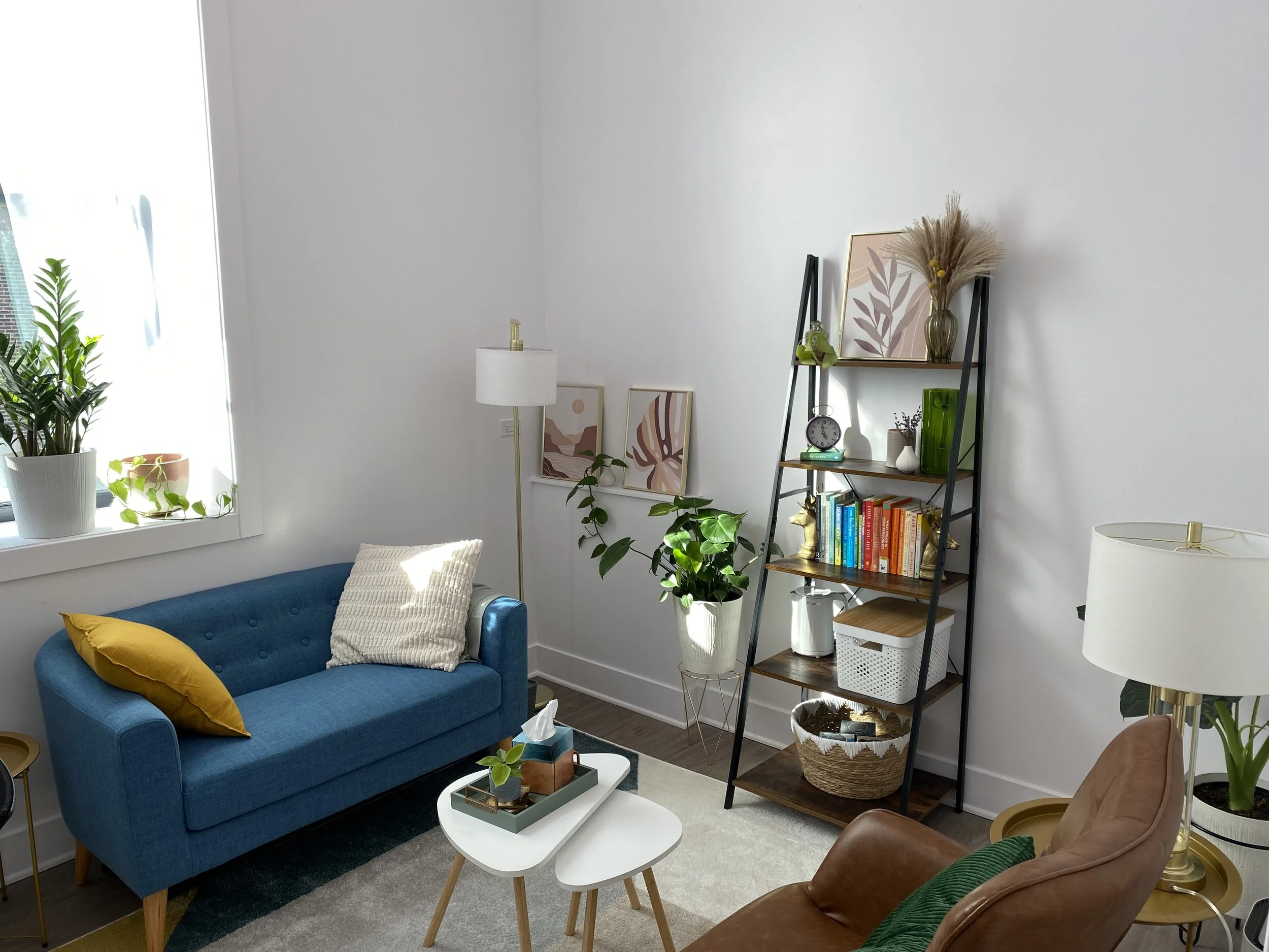 Bright, welcoming office for therapy in Logan Square, Chicago, with books on anxiety, ADHD, depression, and postpartum.