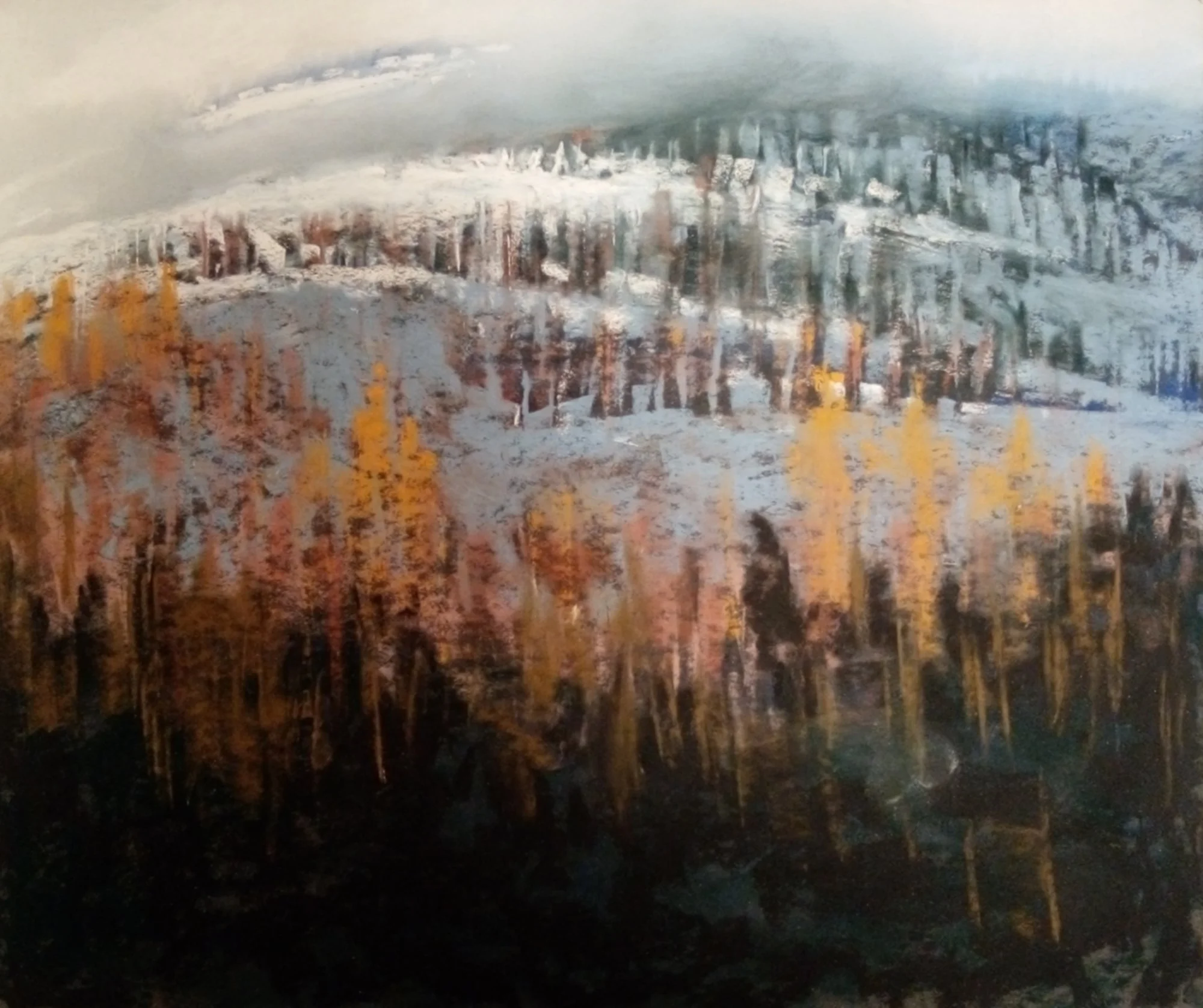 Impressionist landscape painting of a mountain with snow-covered trees and autumn-colored foliage in the foreground.