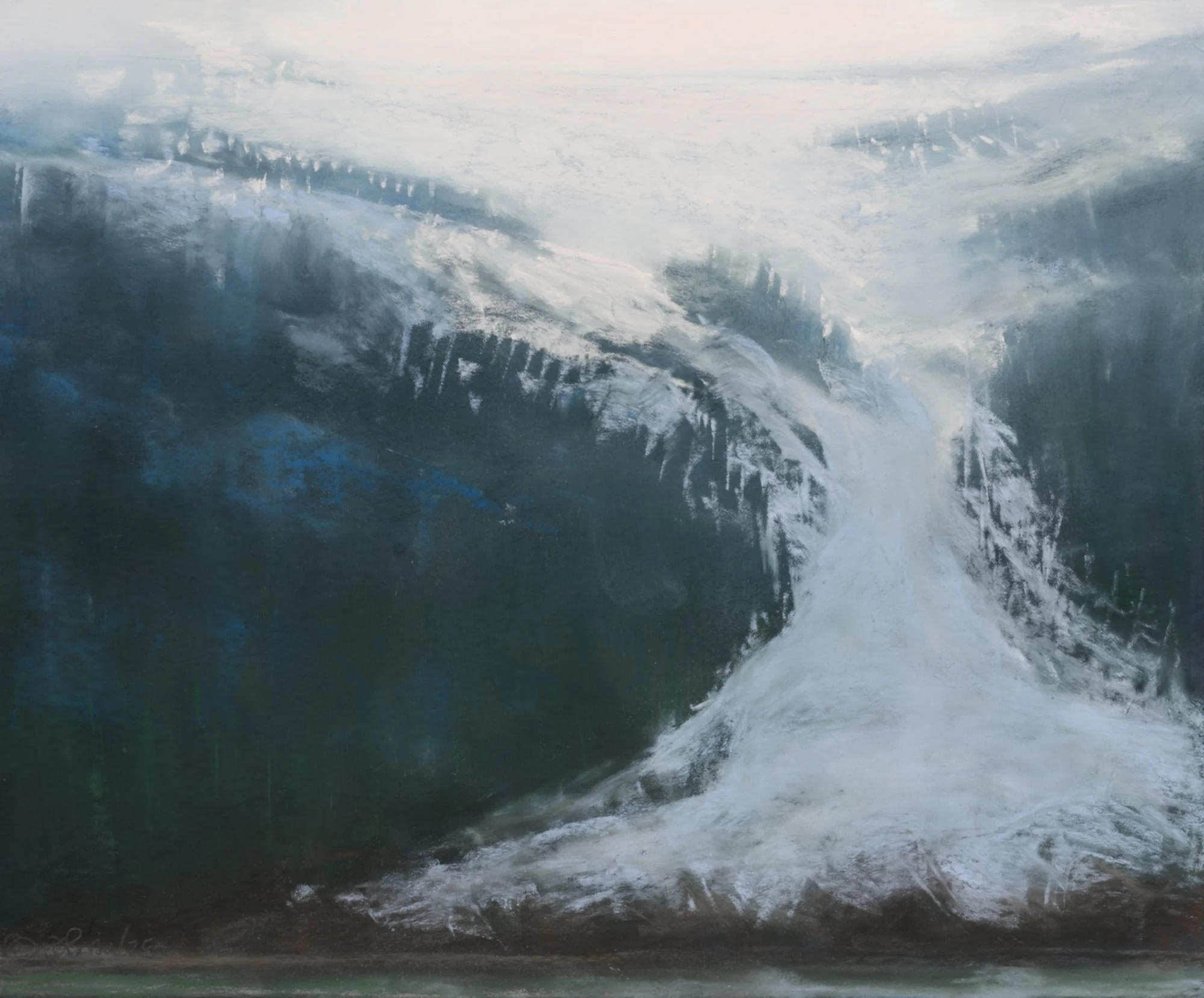Painting of a large ocean wave with white foam and a dark blue-green body, showing movement and energy.