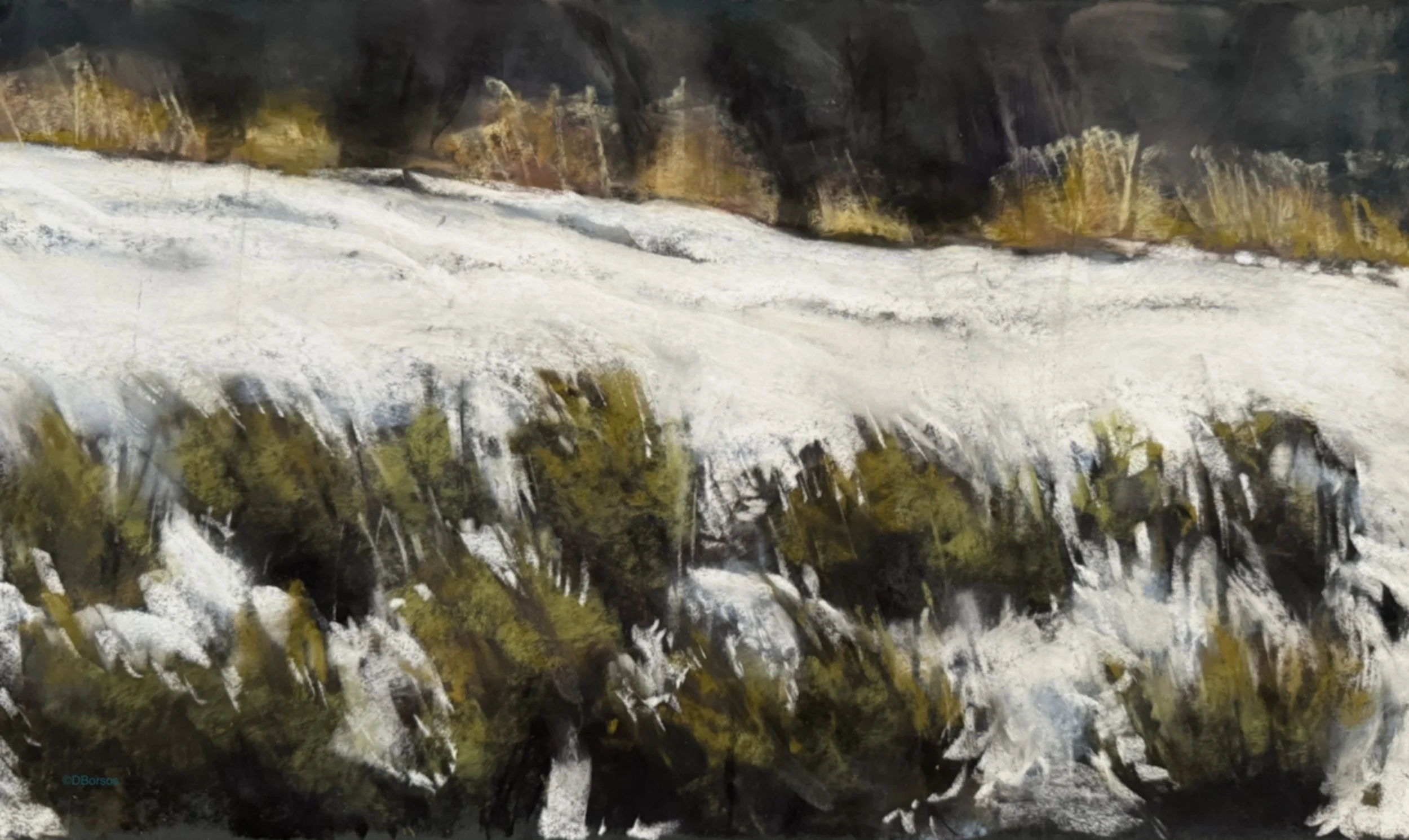 Painted landscape of a rocky riverbank with greenery and a mountain in the background.