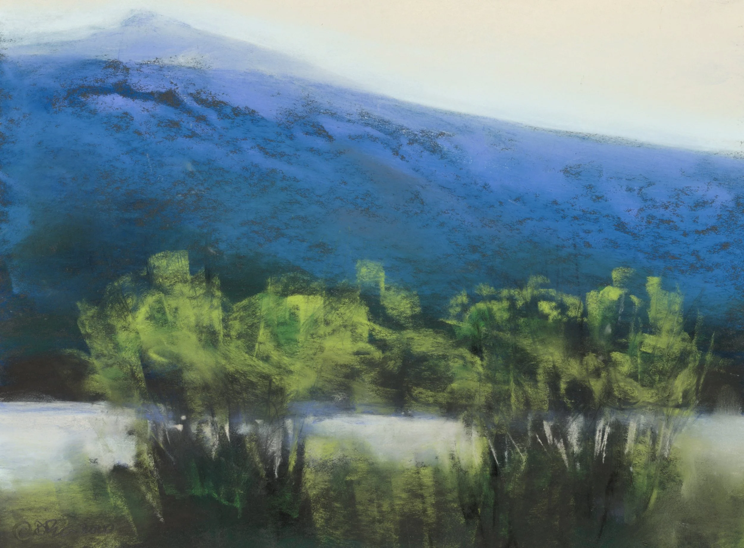 An abstract landscape painting with a large blue mountain or hill, green trees in the foreground, and a light sky in the background.