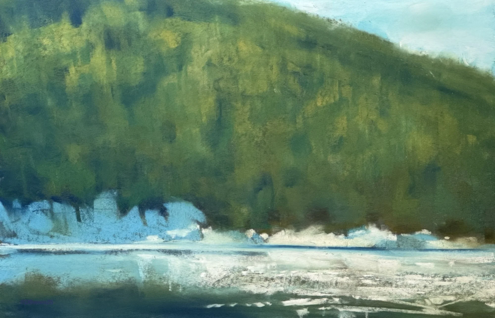 Painting of a green, forested hillside with water at the base and a cloudy sky above.