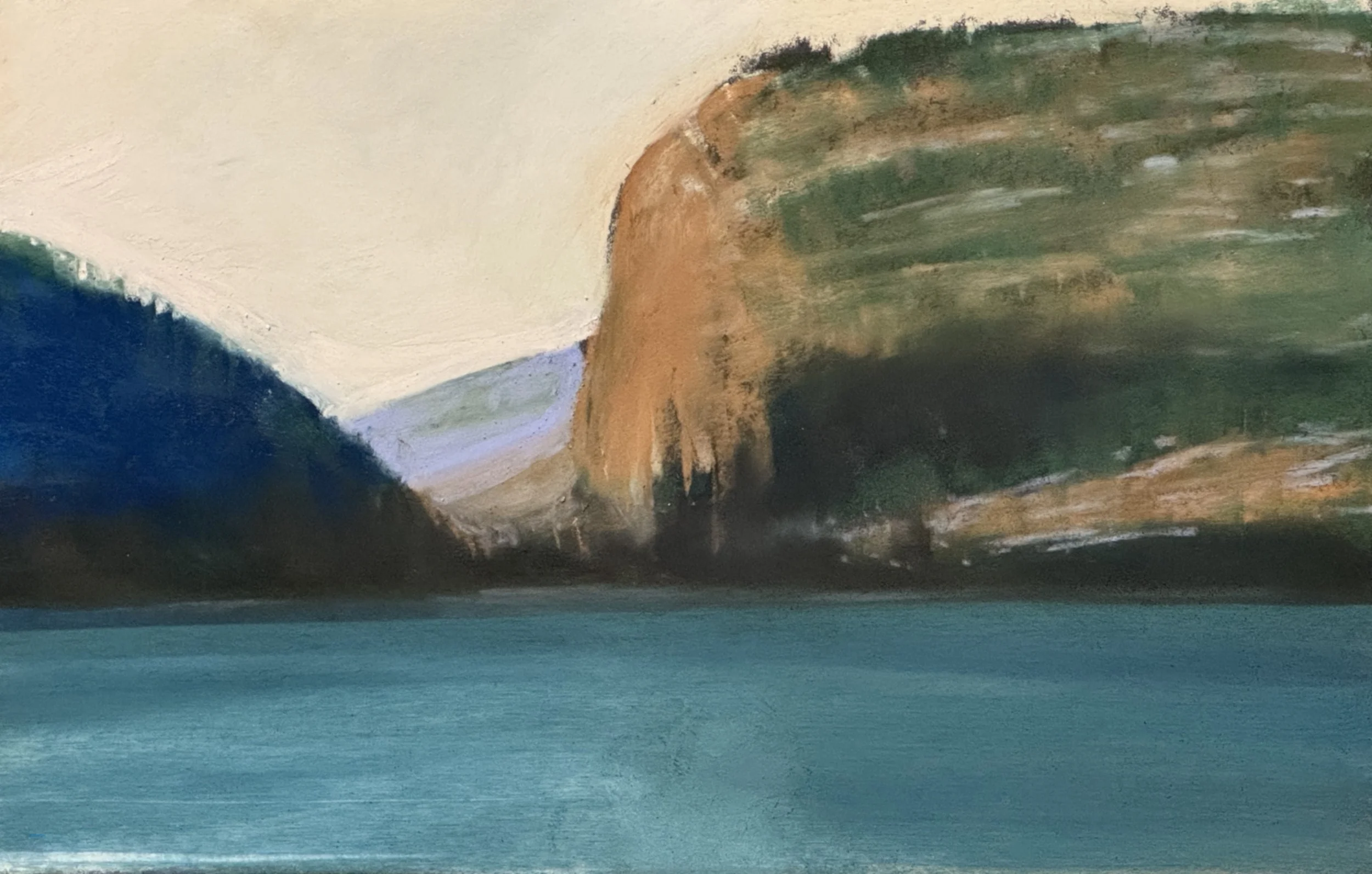 An impressionist painting of a landscape with a body of water in the foreground, green hills and rocky formations in the background, and a cloudy sky.