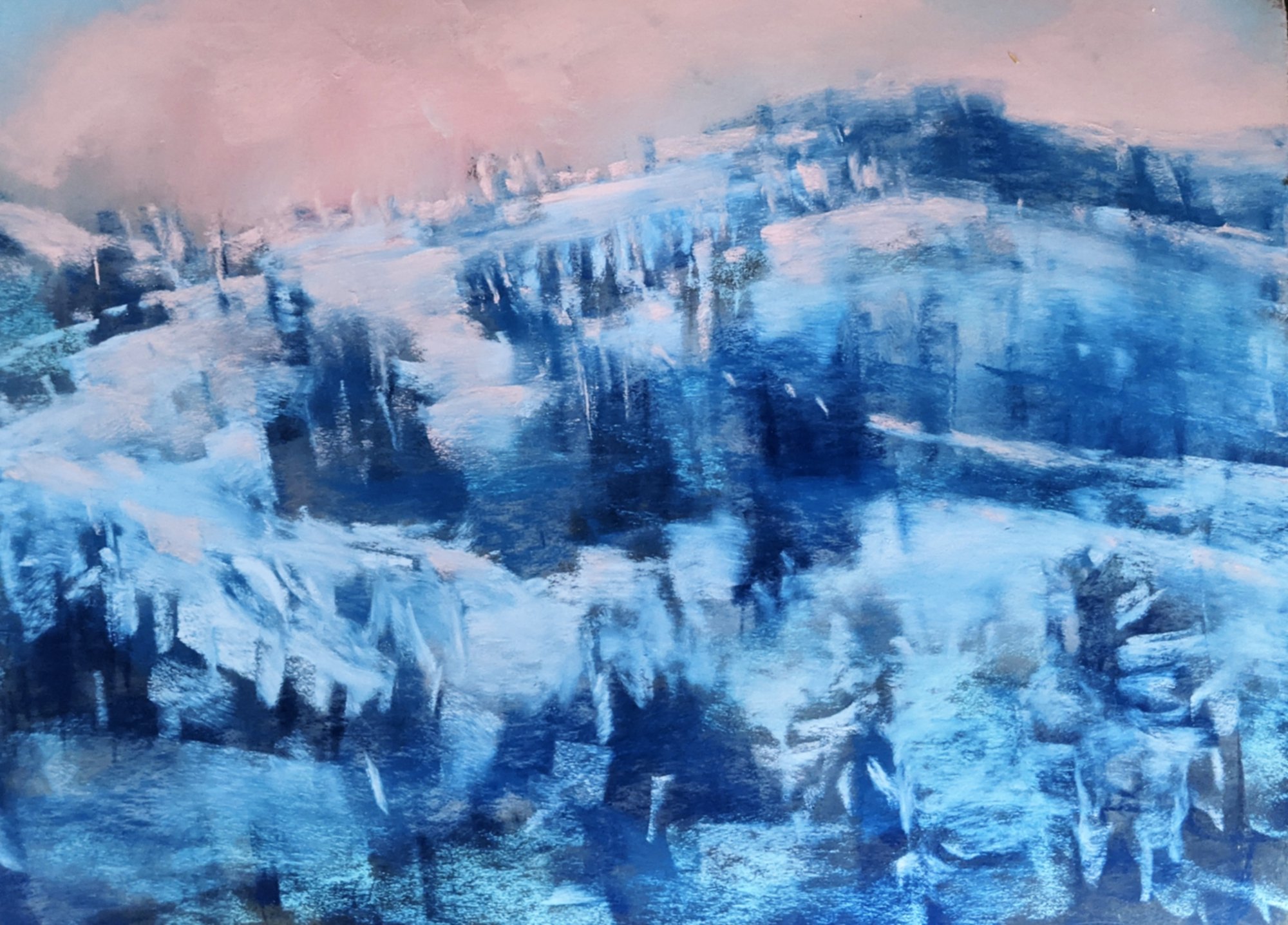 pink clouds over snowy mountain, sunrise on winter scene