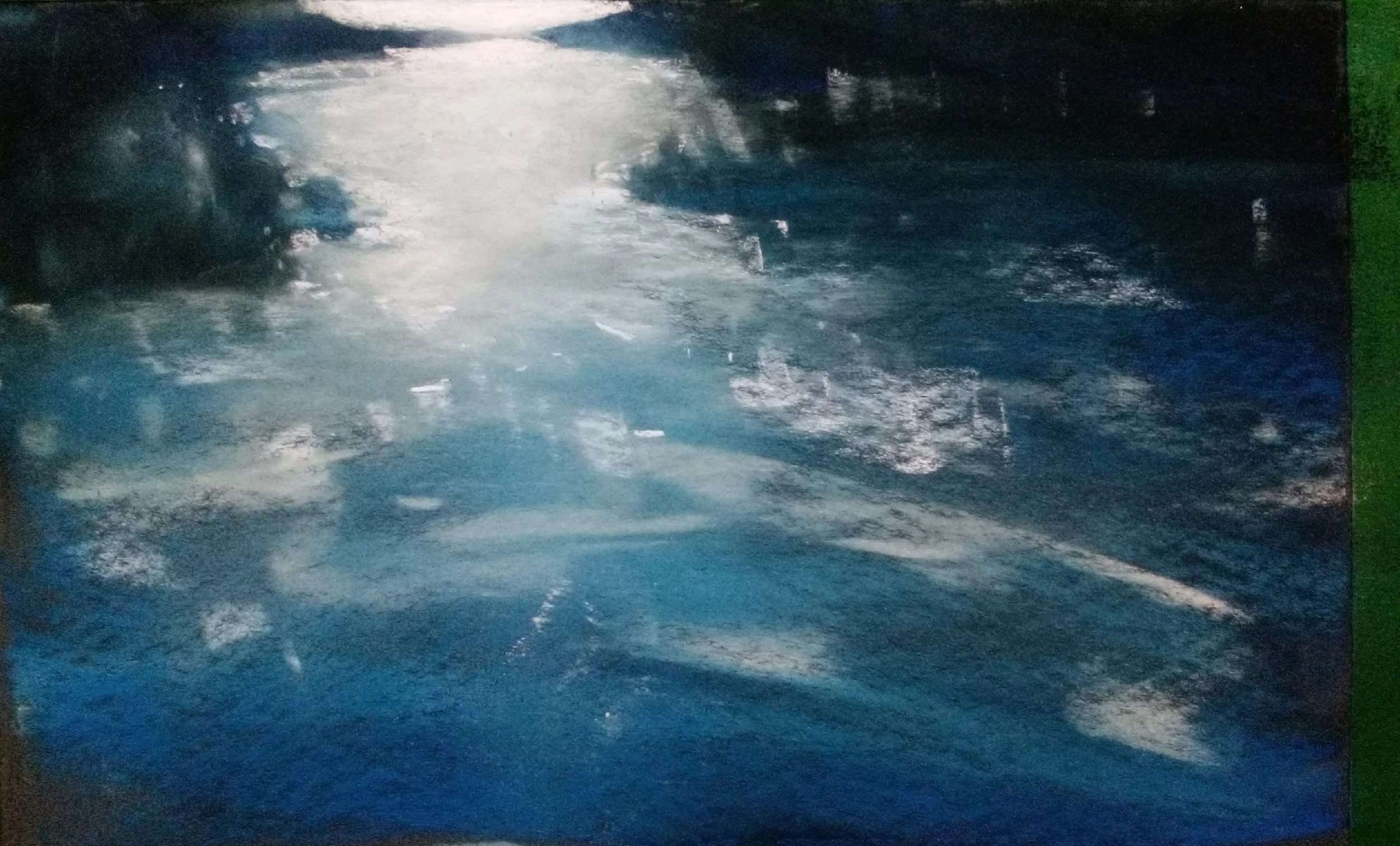 Impressionist landscape painting in soft pastel with shades of blue, white, and black, featuring a sweeping burst of light in the upper left area.