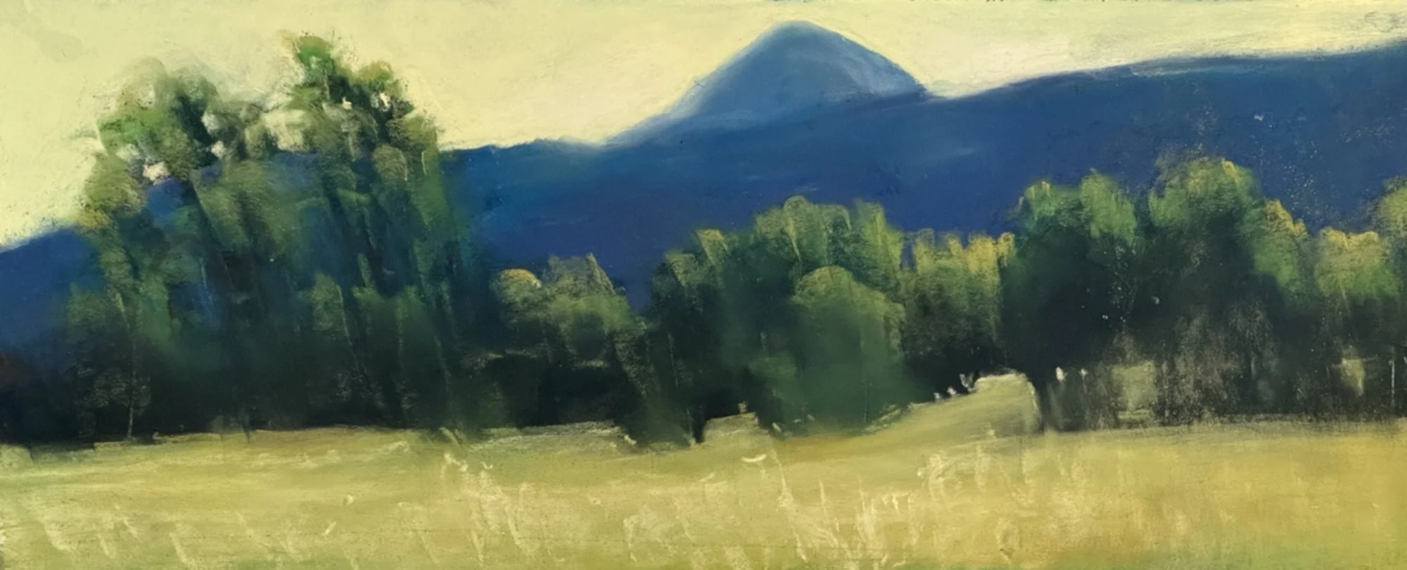Landscape painting featuring trees in the foreground, a mountain in the background, and a yellow sky.