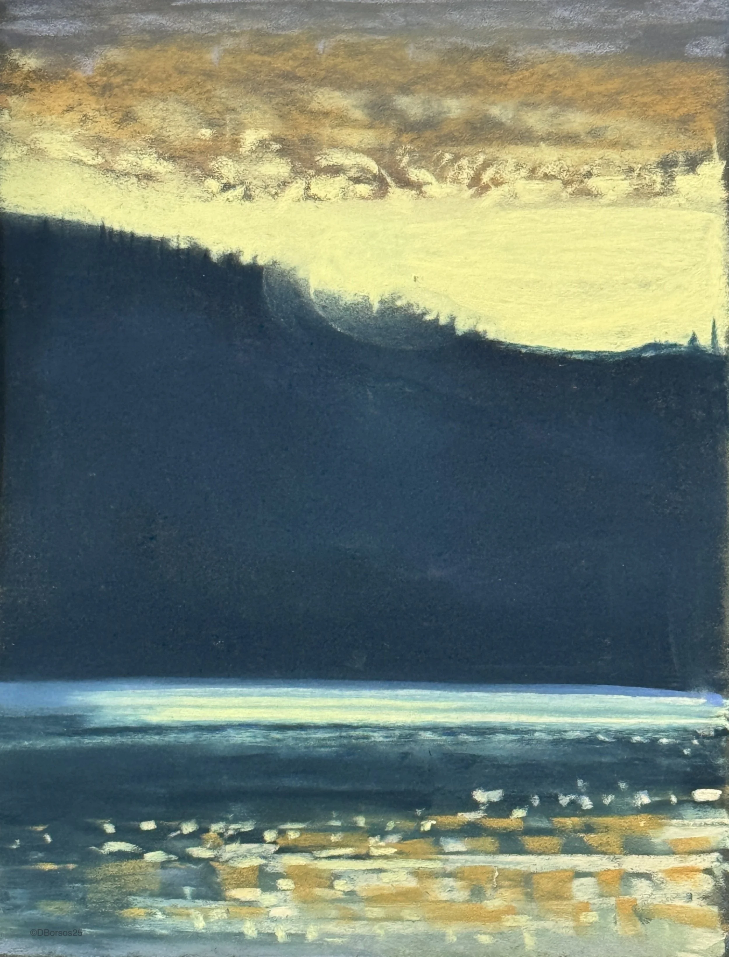 Abstract landscape with dark clouds over the ocean at sunset, featuring a reflective water surface with scattered reflections and light colors.