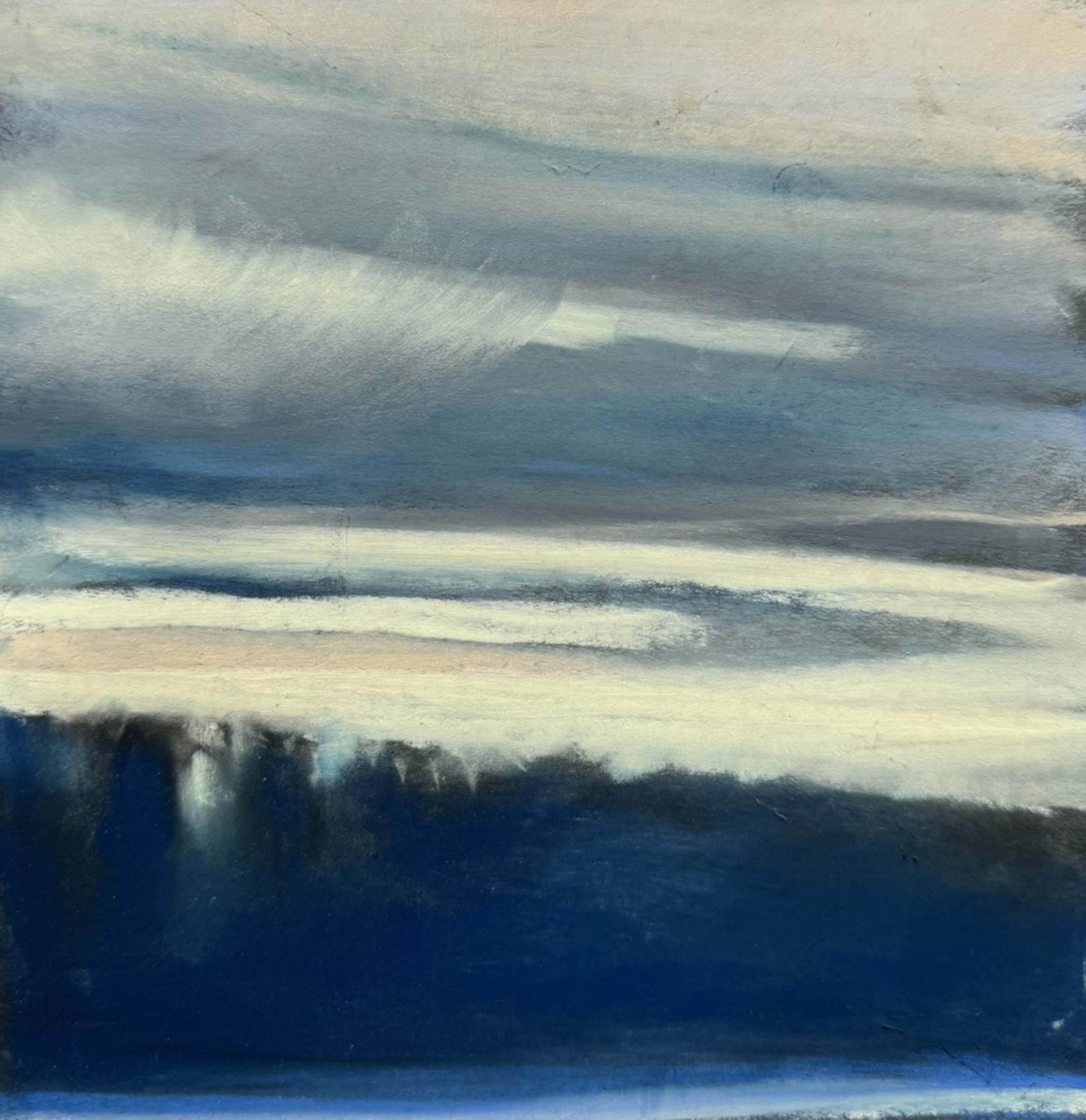 Abstract painting with horizontal streaks of blue, gray, white, and beige colors resembling a landscape or sky scene.