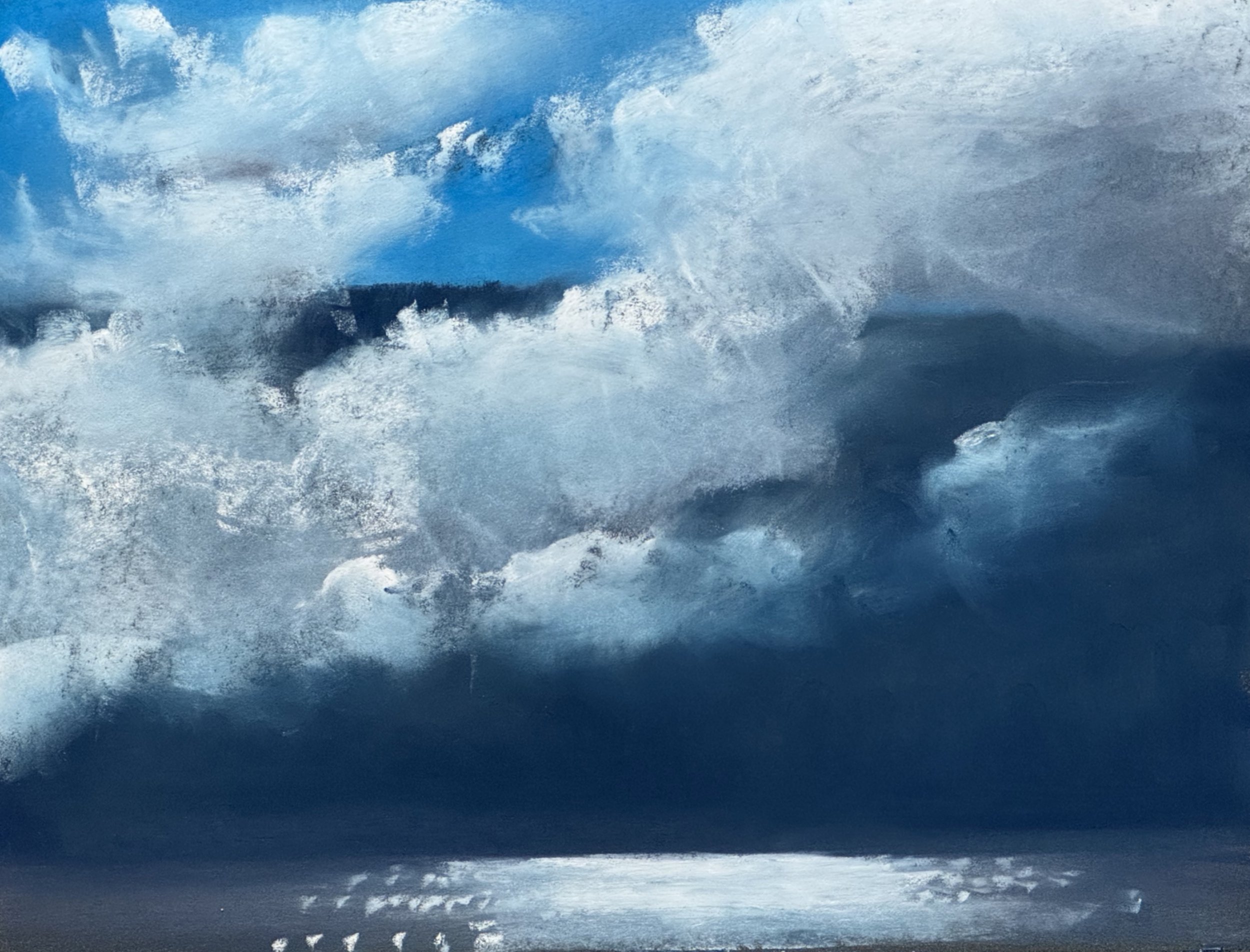 Painting of a turbulent ocean with large waves crashing under a cloudy sky.