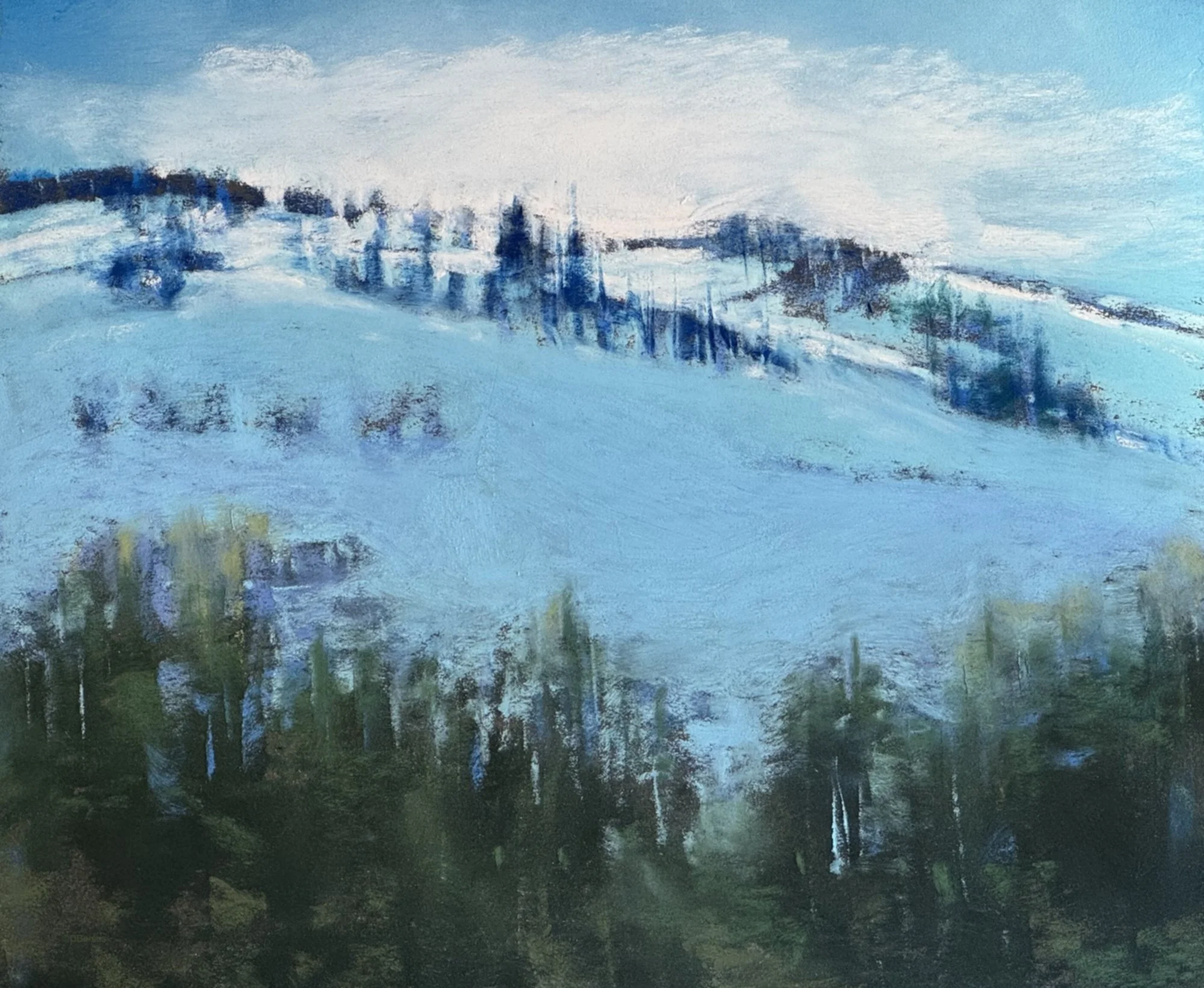 An impressionistic painting of a snowy hill with blue and white tones, topped with trees and a forest in the foreground.