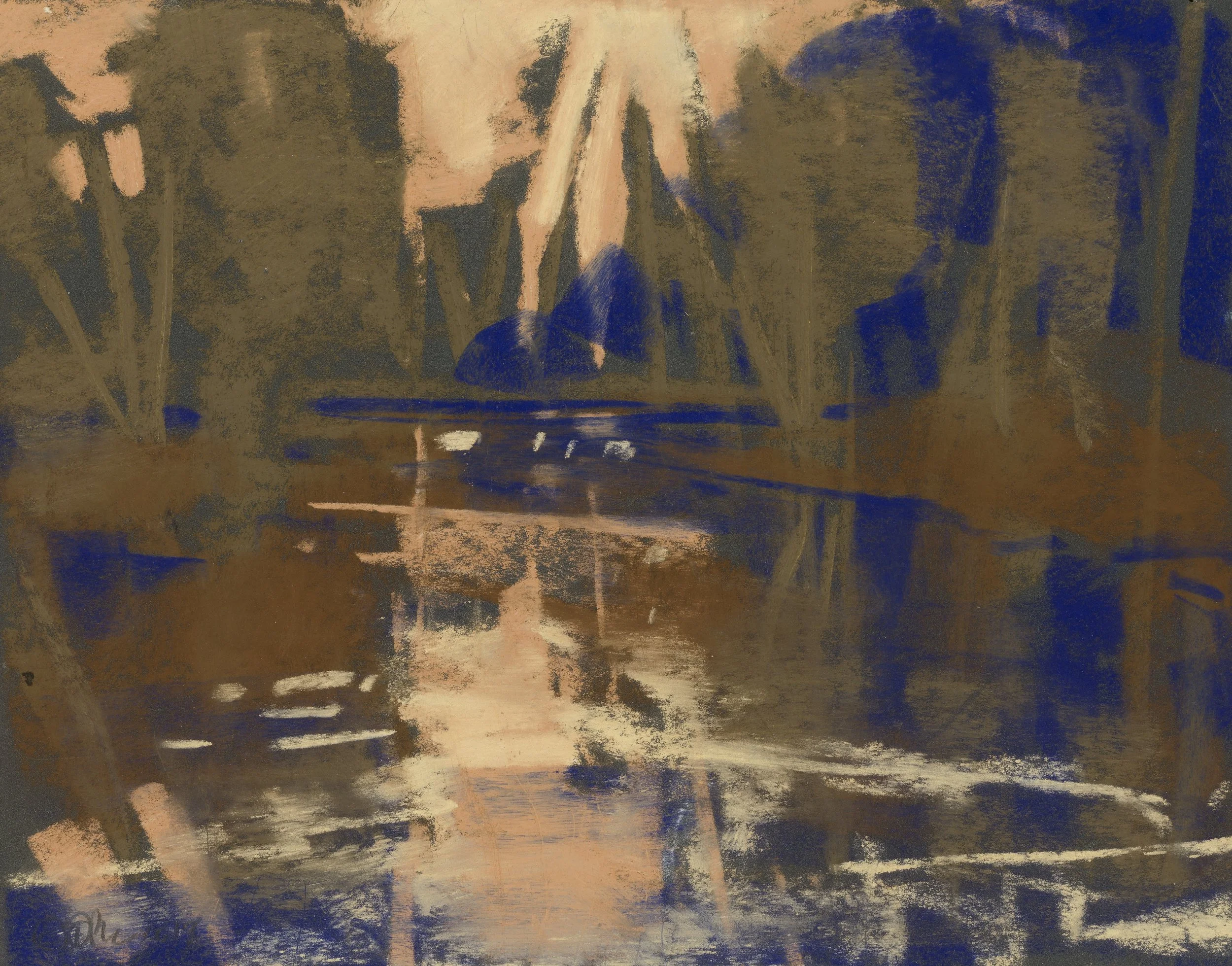 An impressionist-style  abstract painting of a river with reflections of trees and mountains in the water, using muted earthy tones of brown, blue, and beige.