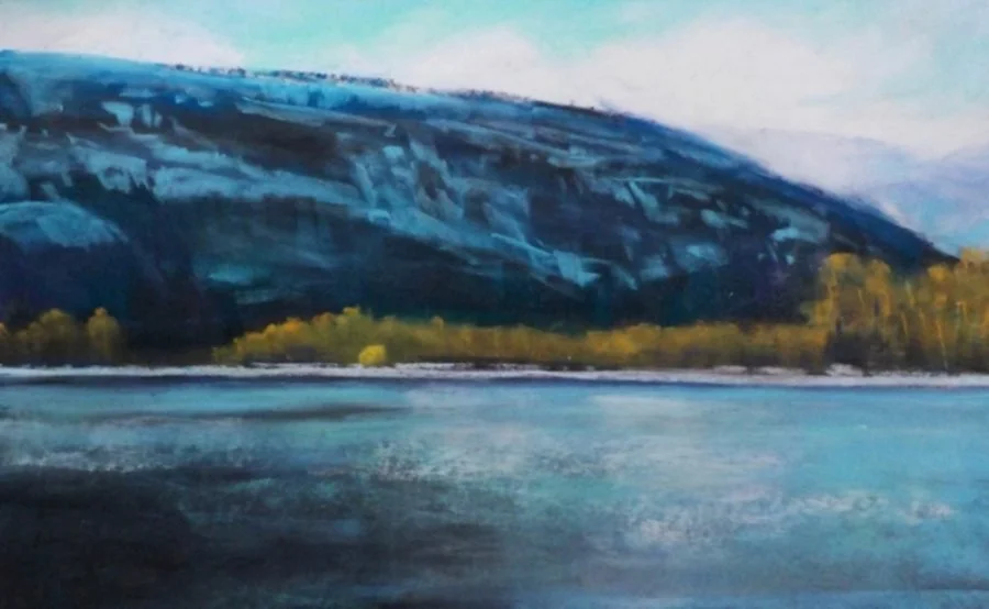 Painting of a mountain with a lake in the foreground.