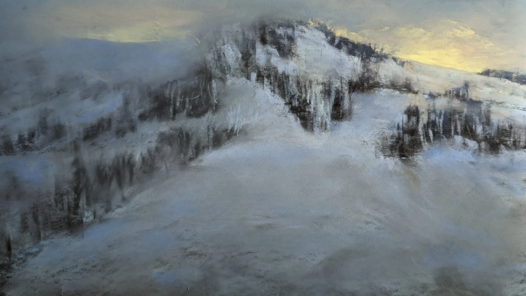 An abstract painting of a snowy mountain landscape with trees, a hill, and a sunrise or sunset sky.