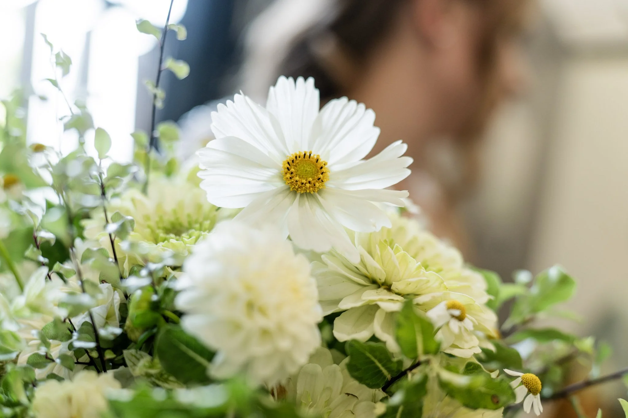 White & Green Bridal Bouquet with Cosmos