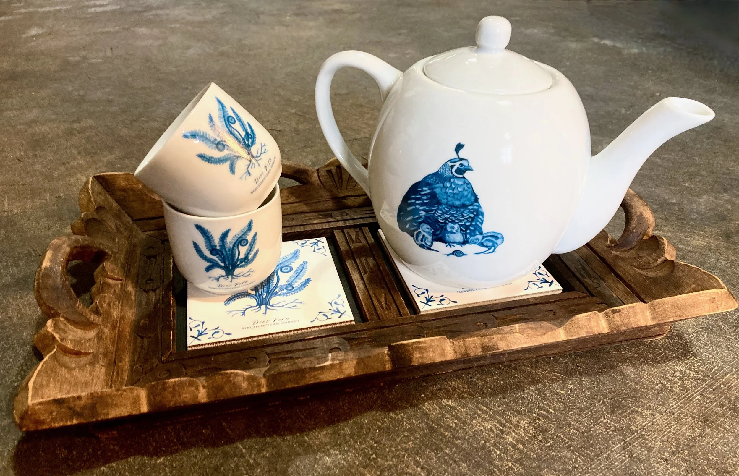 California Quail Tea Pot, Deer Fern saki/tea cups, Tile Tray/Frame