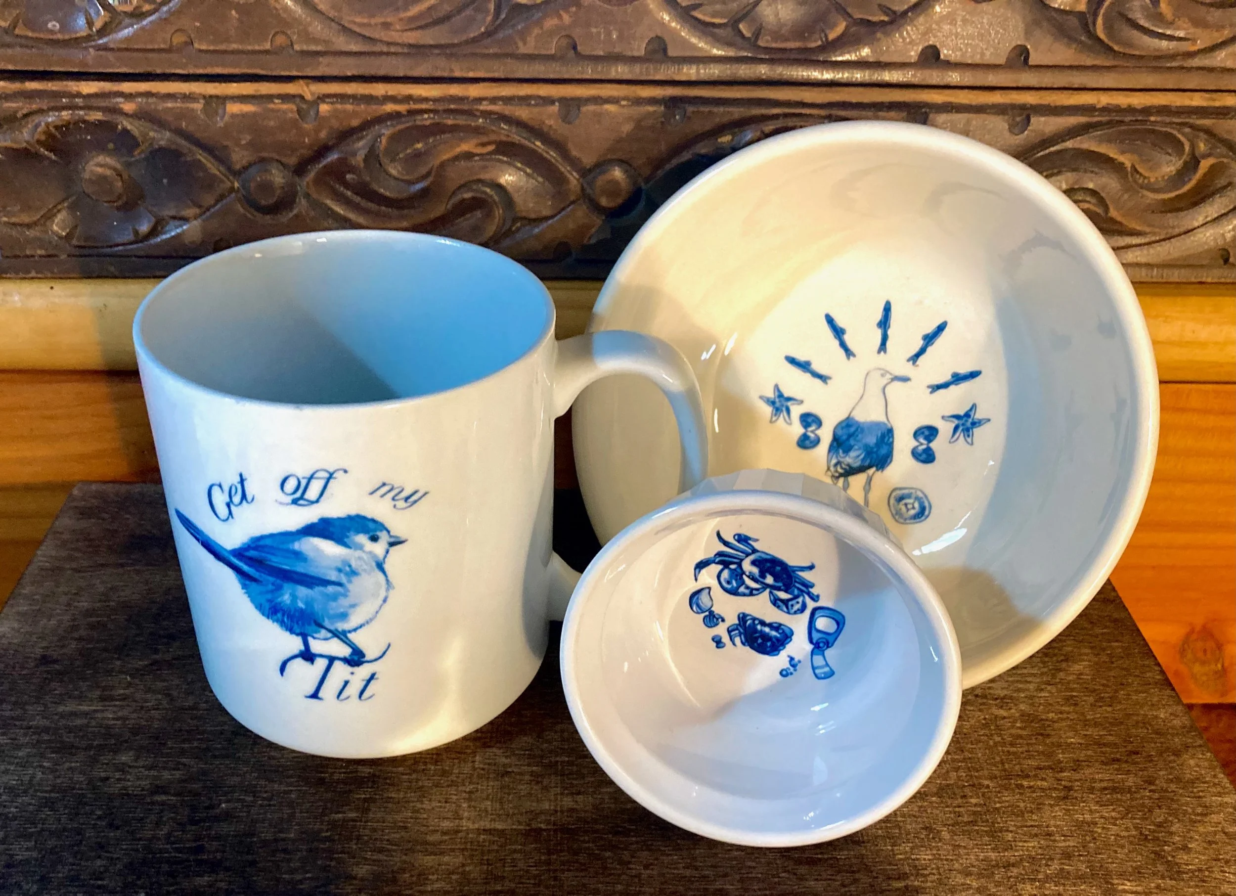 American Bush tit mug, Sea Gull cereal/soup bowl, Shore Crab small round dish