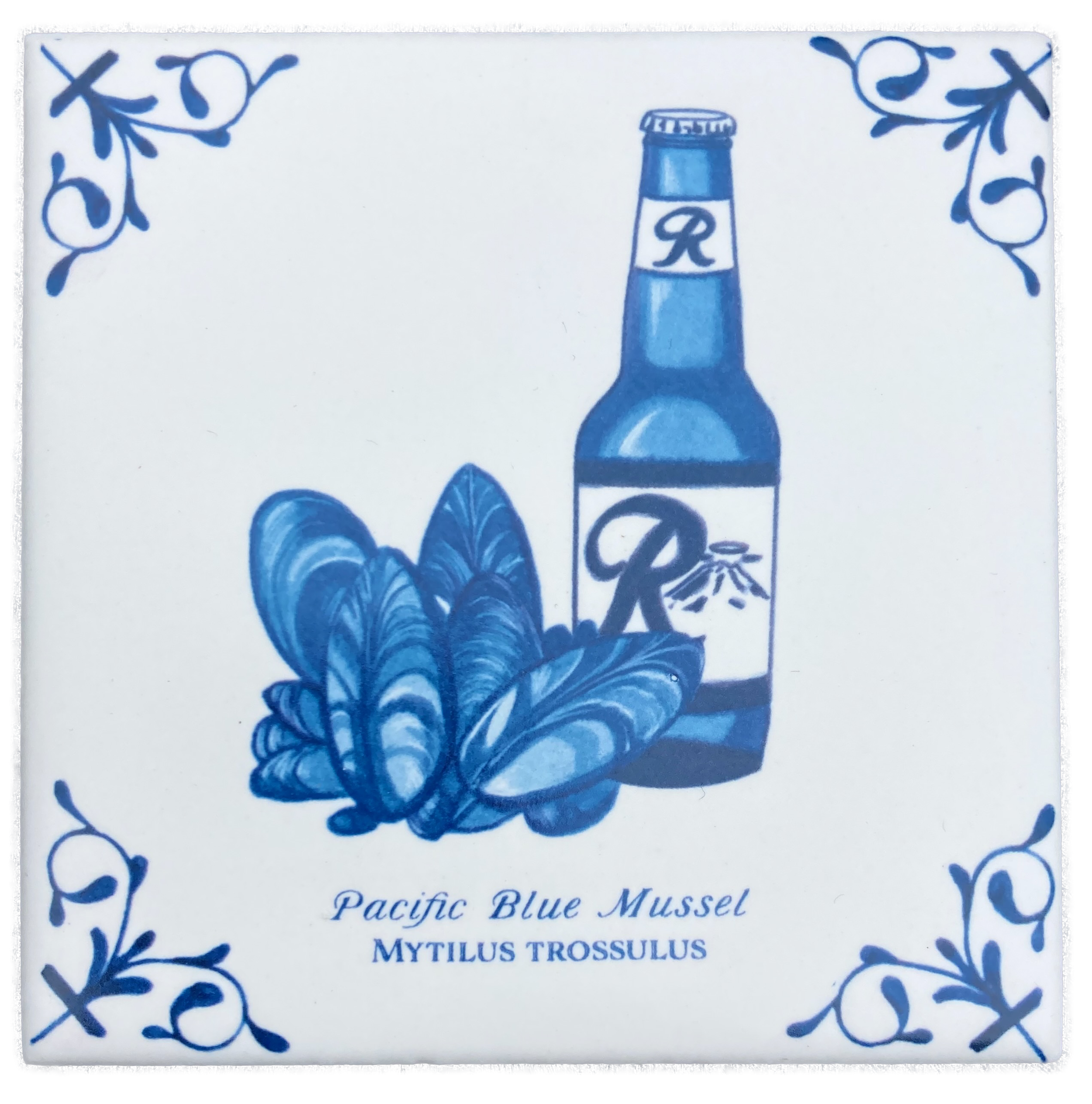 Pacific Blue Mussels plus words 4X4 Tile