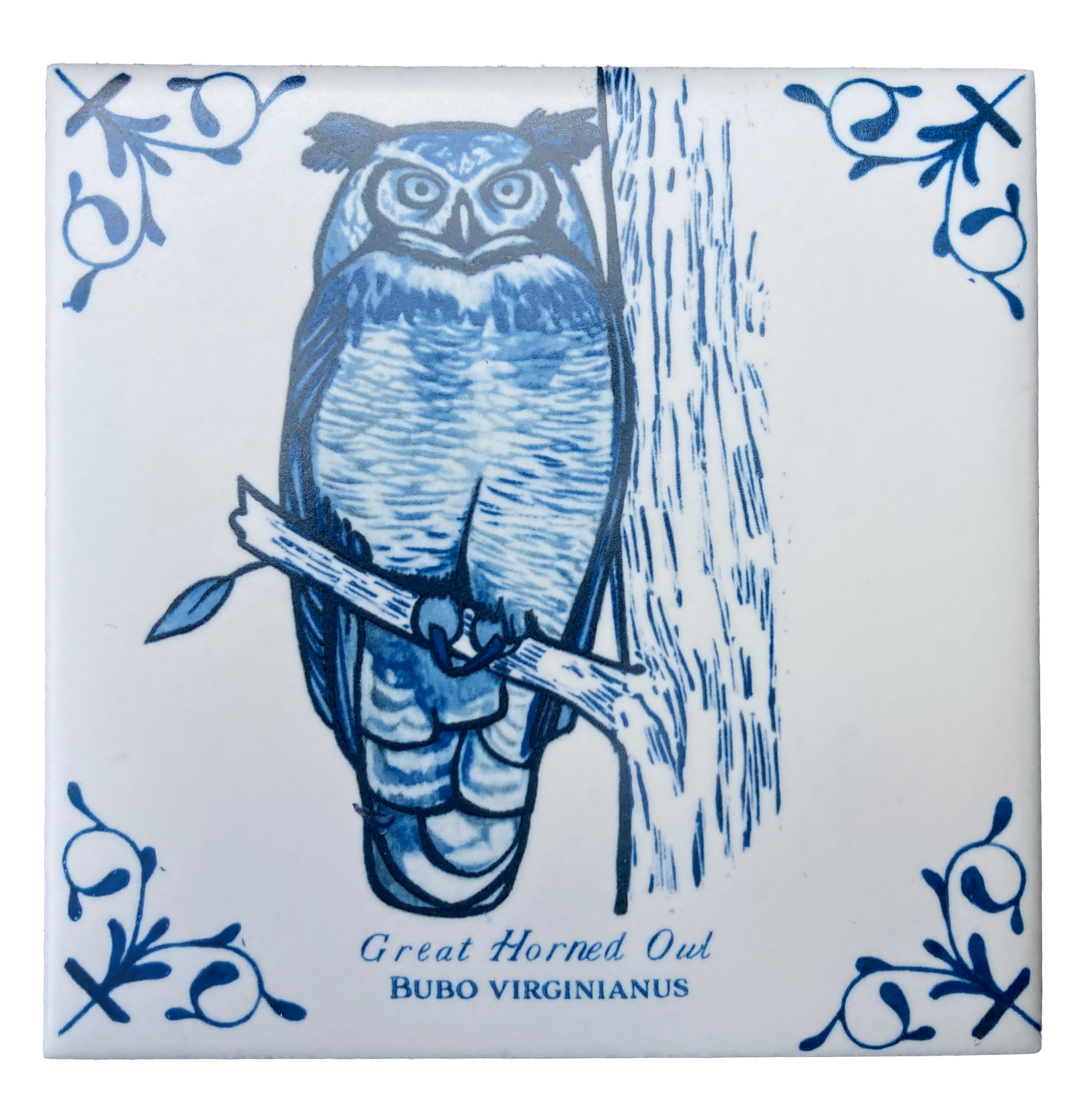 Great Horned Owl plus words 4X4 Tile