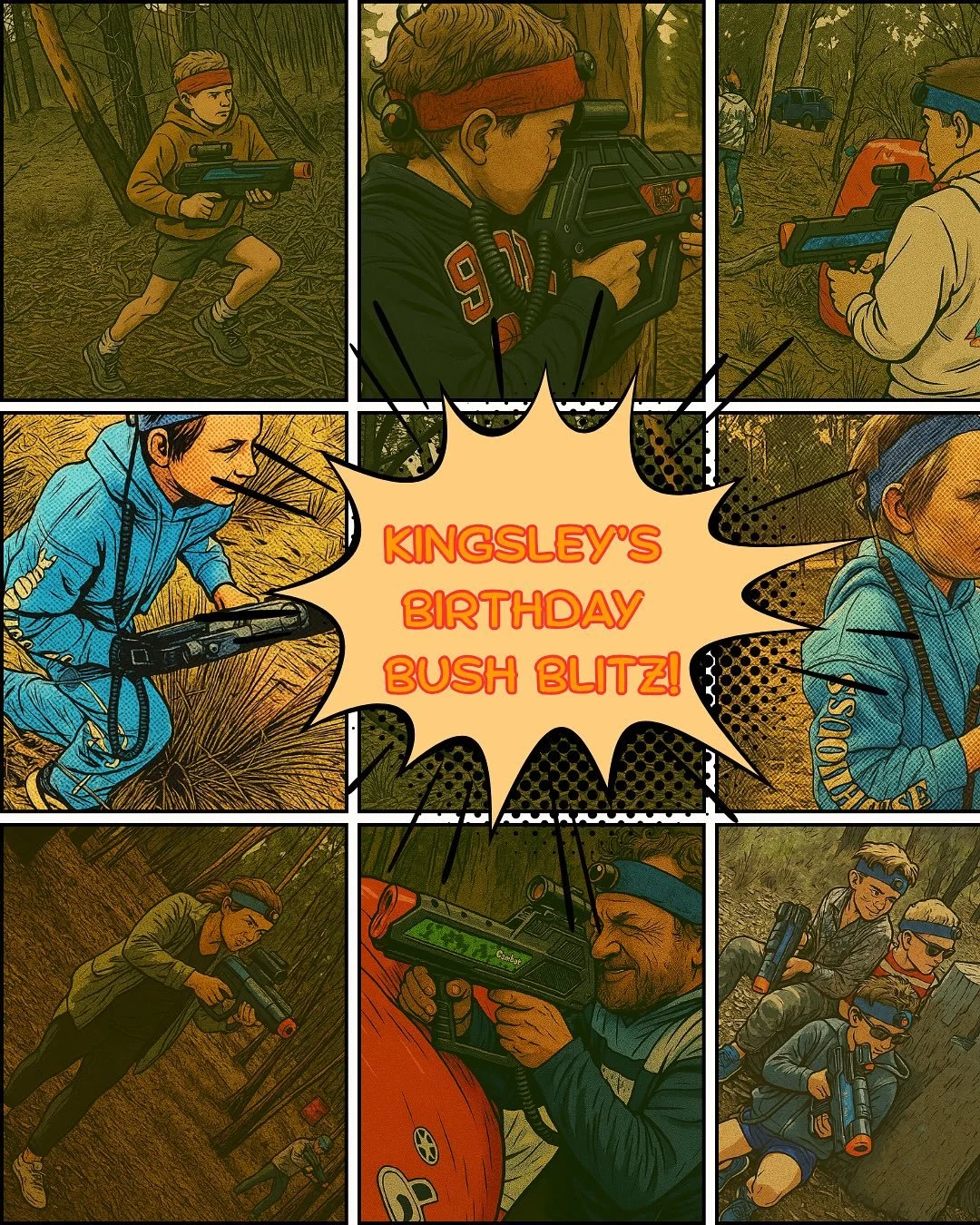 Swipe through this comic book adventure and relive Kingsley&rsquo;s 9th birthday like never before! Every frame captures the thrill of HyperBeam mobile laser tag, deep in the Central West scrub.

The bush falls silent, until laser beams rip through t
