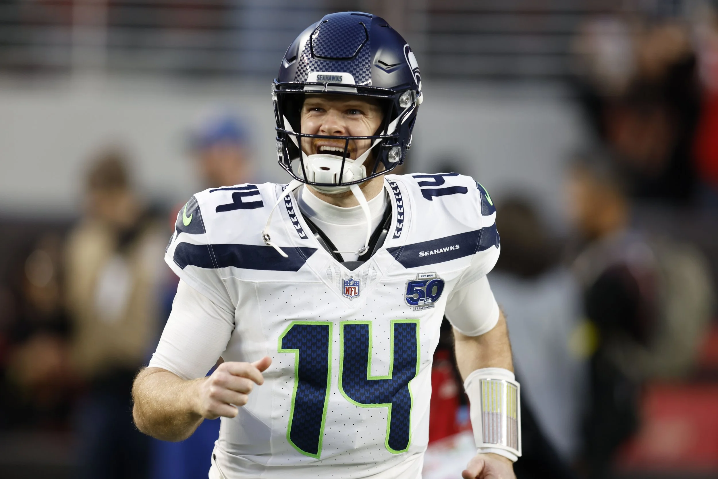 Seattle Seahawks quarterback Sam Darnold (14) reacts during the first half at Levi's Stadium. Mandatory Credit: Sergio Estrada-Imagn Images