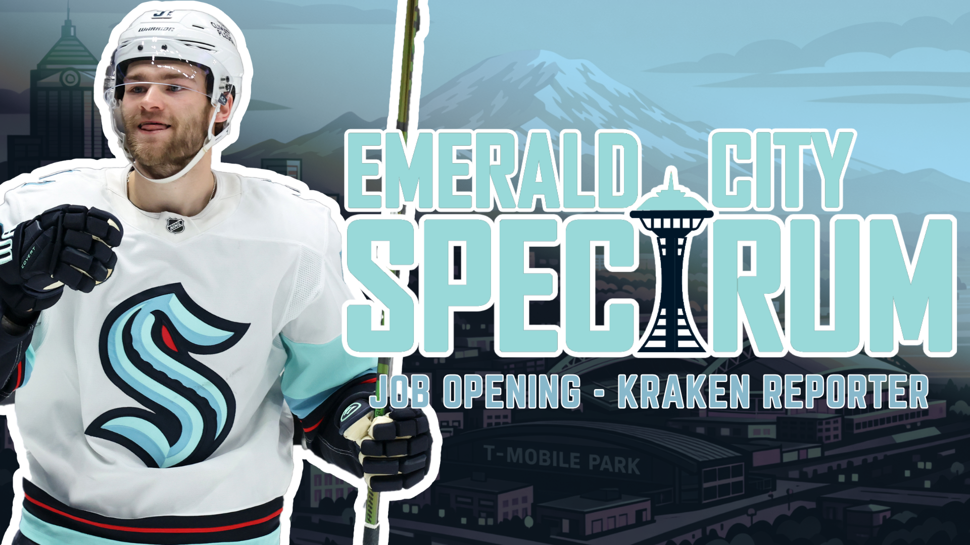 Ice hockey player in white jersey with Seattle Kraken logo, holding a hockey stick, with cityscape, mountain, and Seattle Space Needle in background, and text "Emerald City Seattle" and "Job Opening - Kraken Reporter".