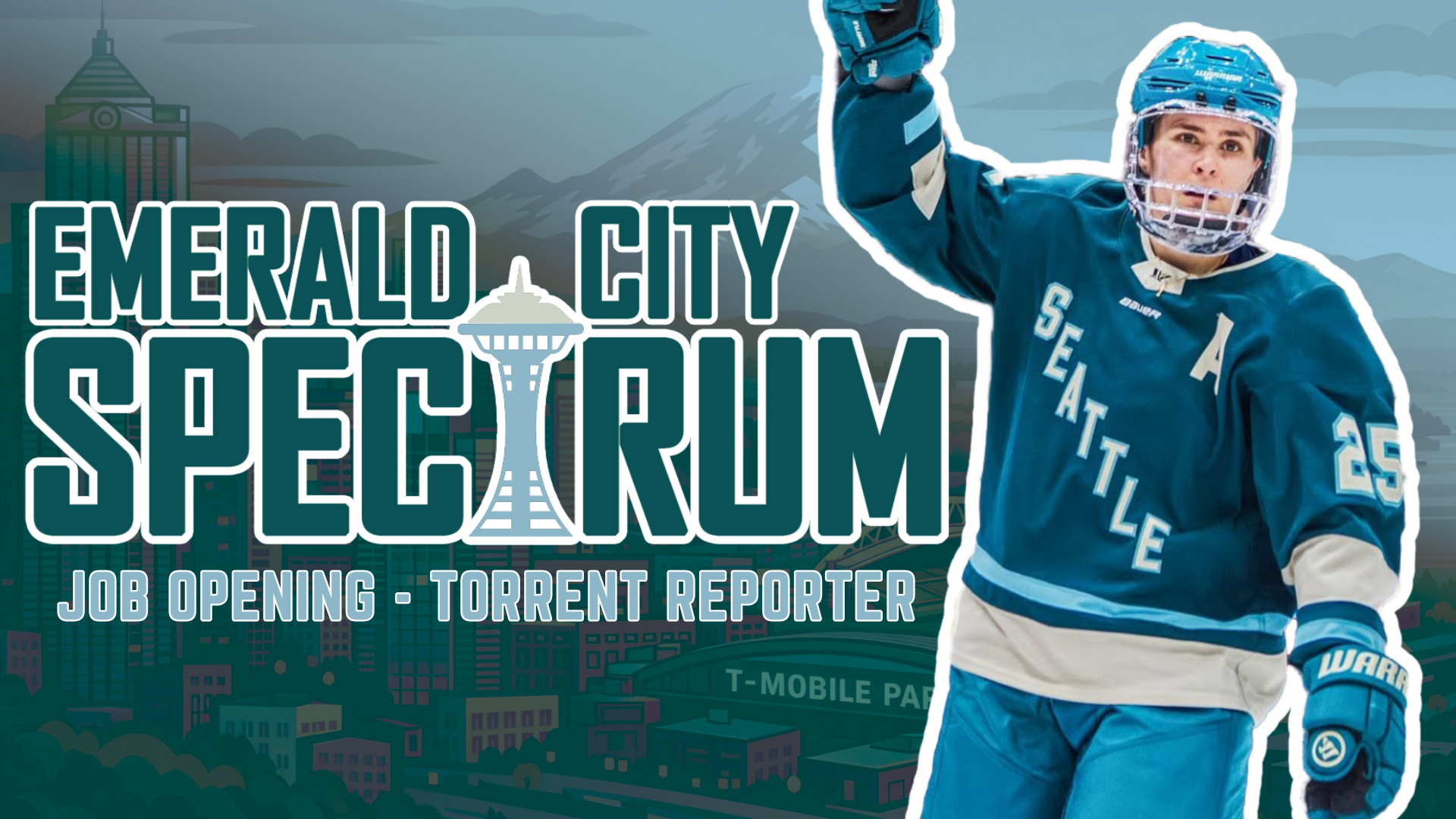 A promotional image for Emerald City Speakeasy featuring a hockey player in a blue Seattle jersey holding a hockey stick, with a cityscape and mountain background, and text indicating a job opening for a torrent reporter.