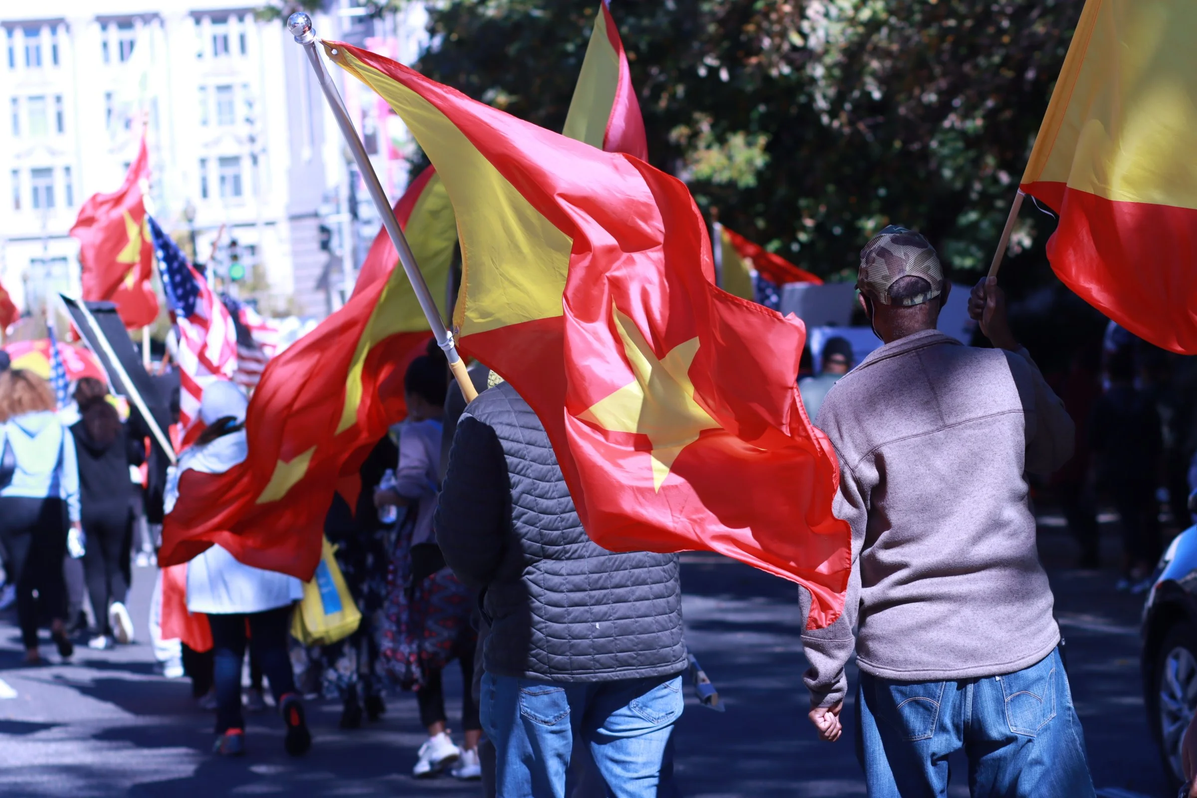 tigray ethiopian protest in washington dc during biden presidency crows holding tigray flag and american flag