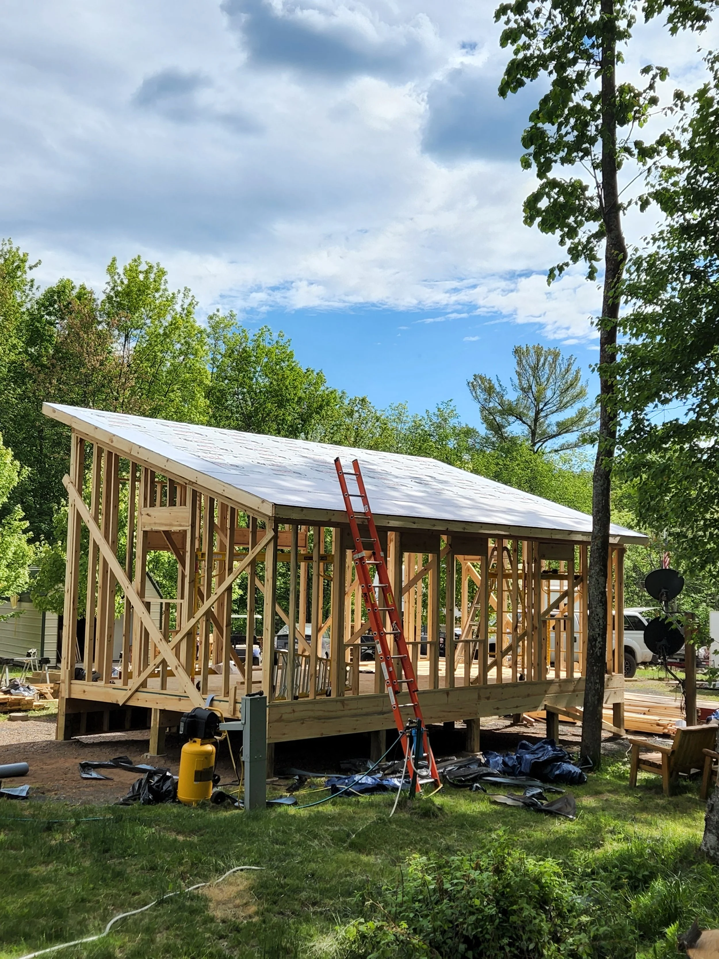 A one day build with me and a partner, one bedroom, one bathroom, elevated cabin on the Thornapple River in Ladysmith WI.