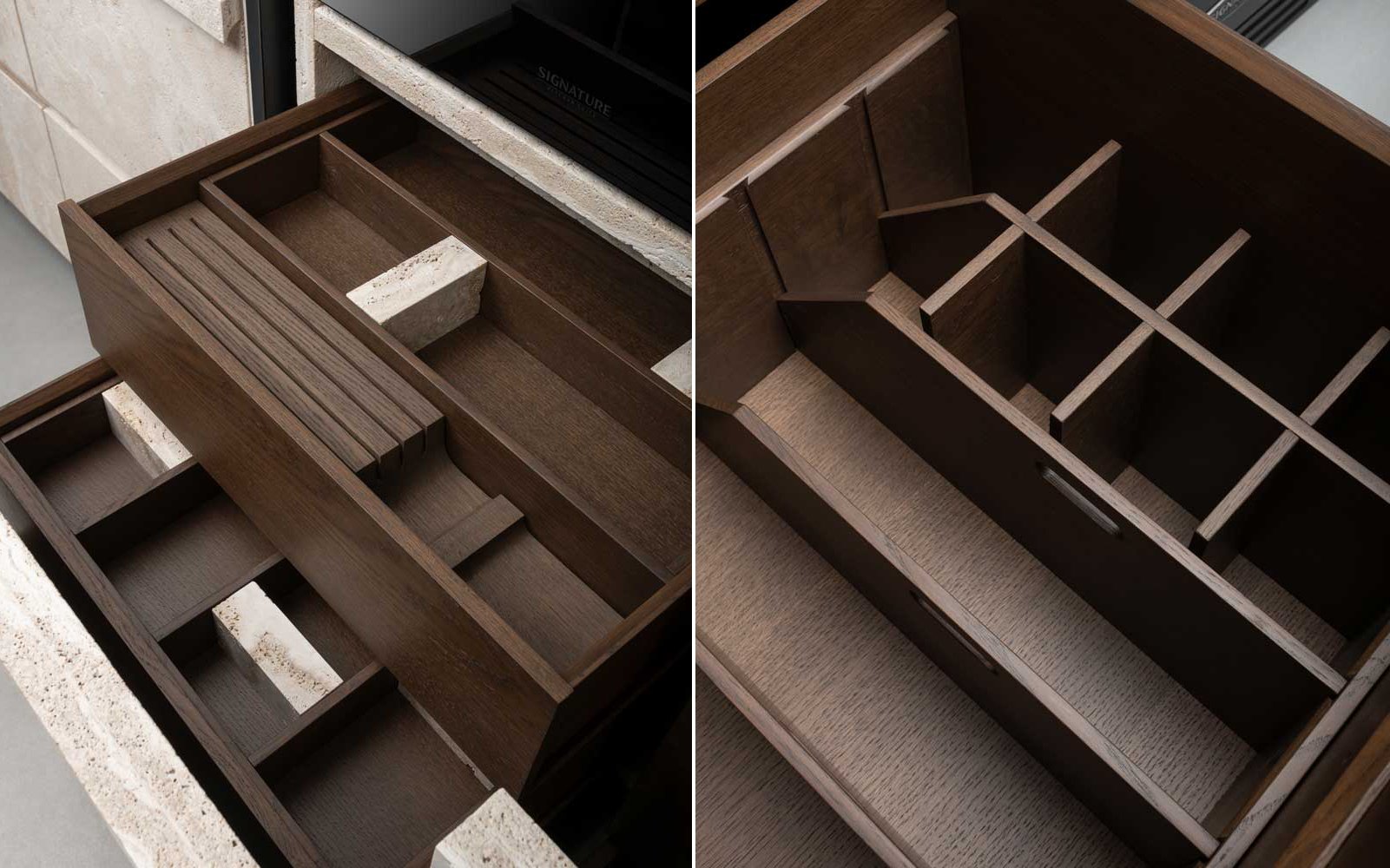 Vaselli Fidia luxury kitchen dark oak drawers with travertine dividers Las Vegas