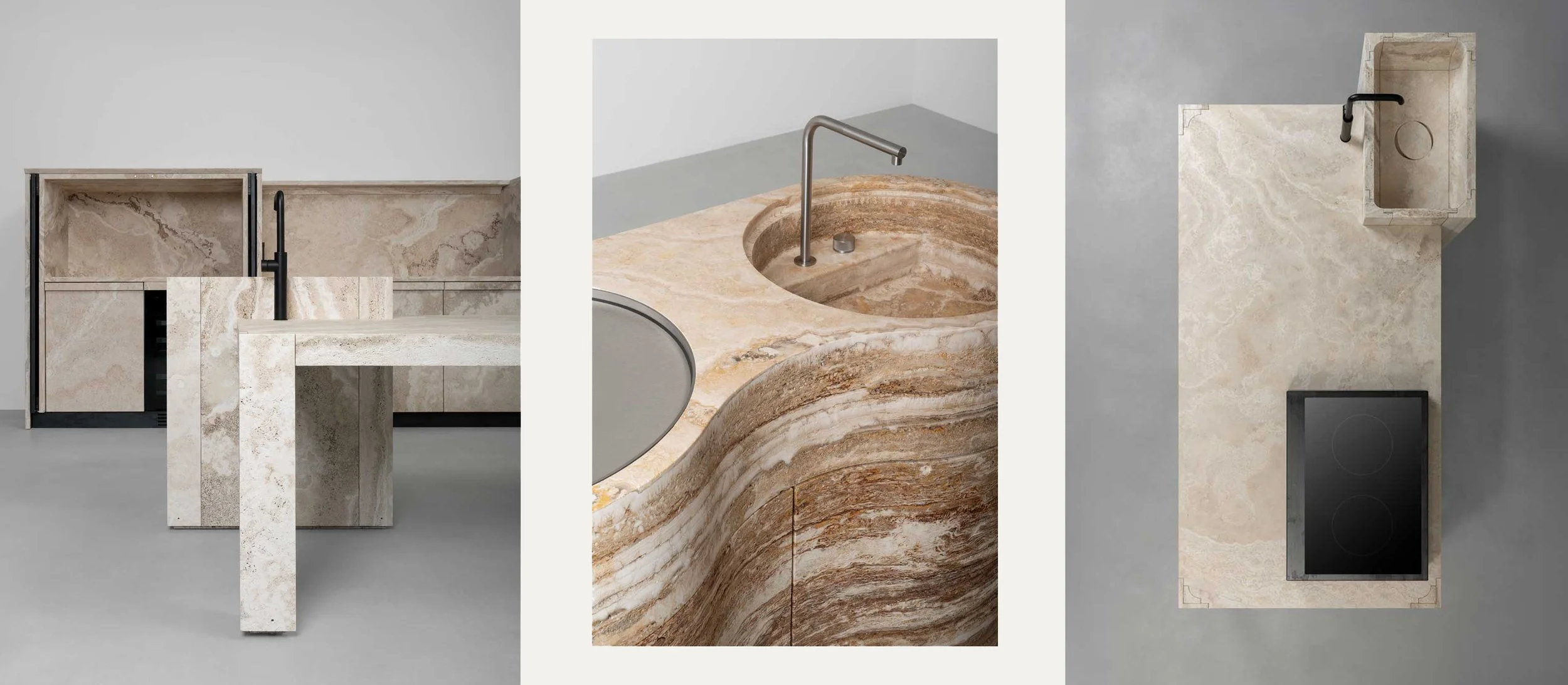 view	Vaselli Fidia luxury travertine kitchen and island Las Vegas