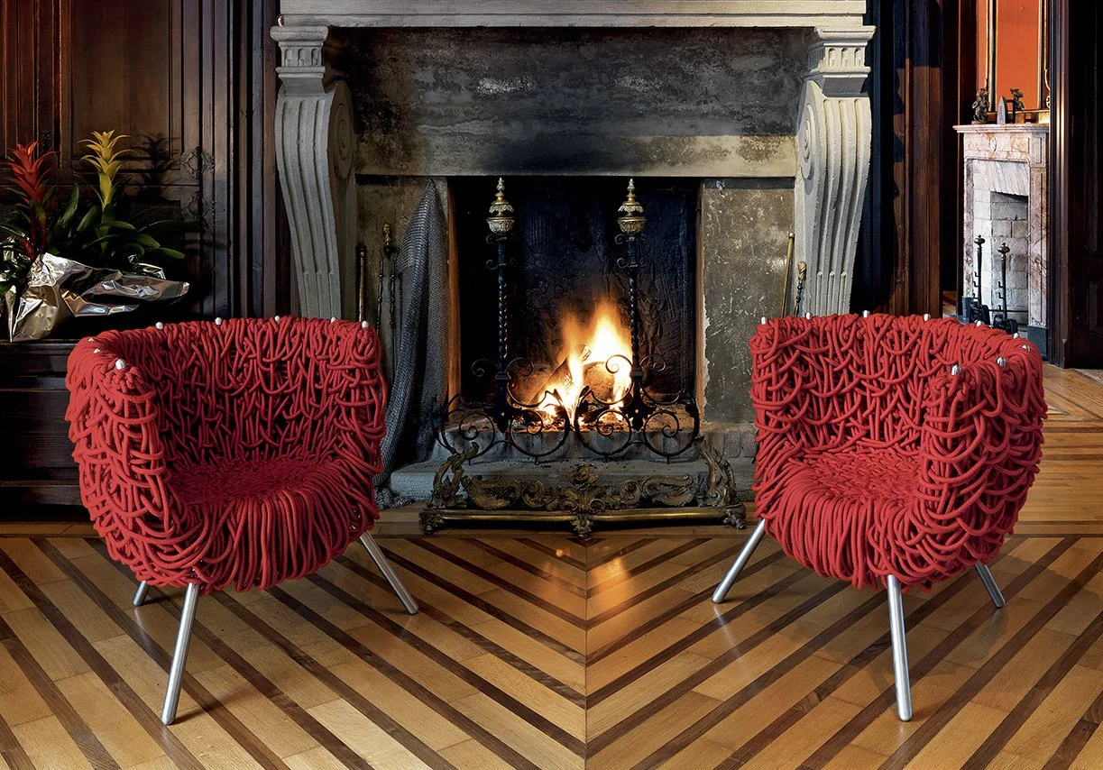 Vermelha chair by the Campana Brothers for Edra, red woven rope armchair. Available at Salone Las Vegas