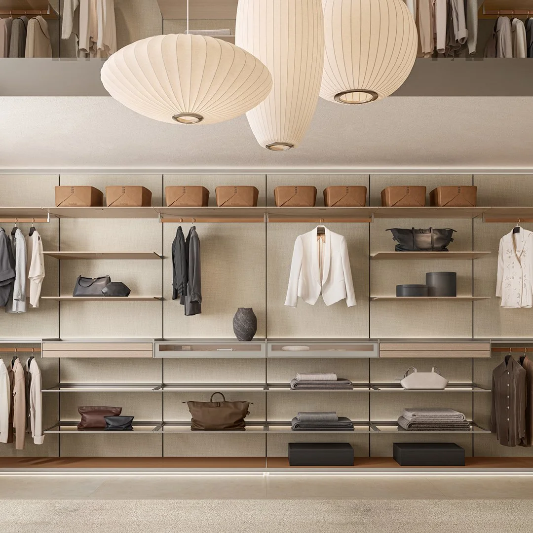 Rimadesio Hedon luxury walk-in closet system with fabric panels and glass shelves - Salone Las Vegas