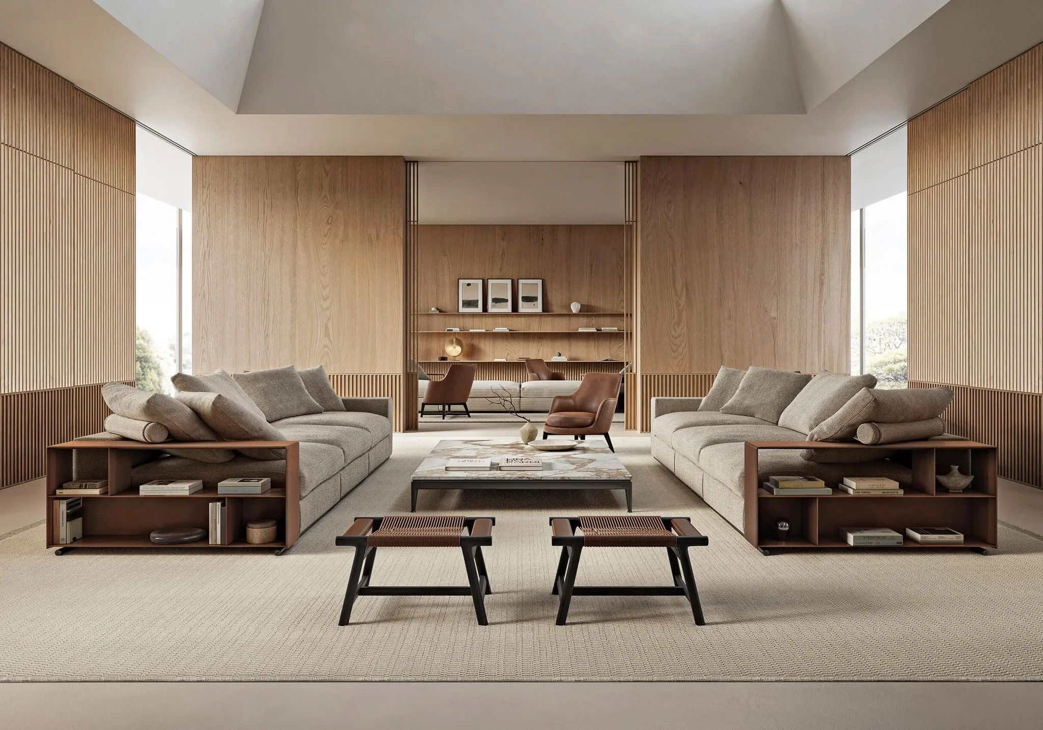 Flexform Groundpiece modular sofa with saddle-hide armrest shelf - Salone Las Vegas