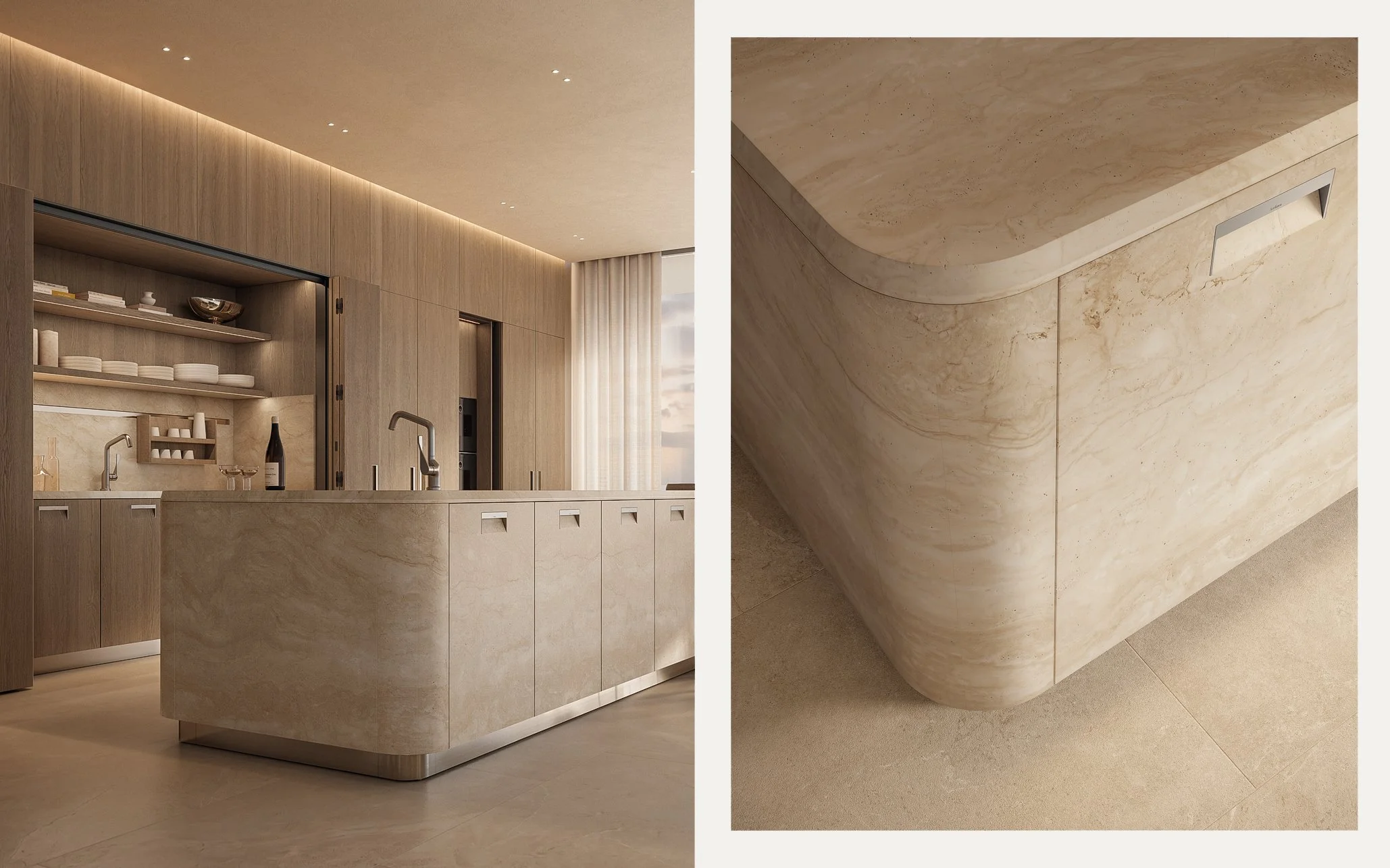 Arclinea Kora luxury curved travertine kitchen island Las Vegas