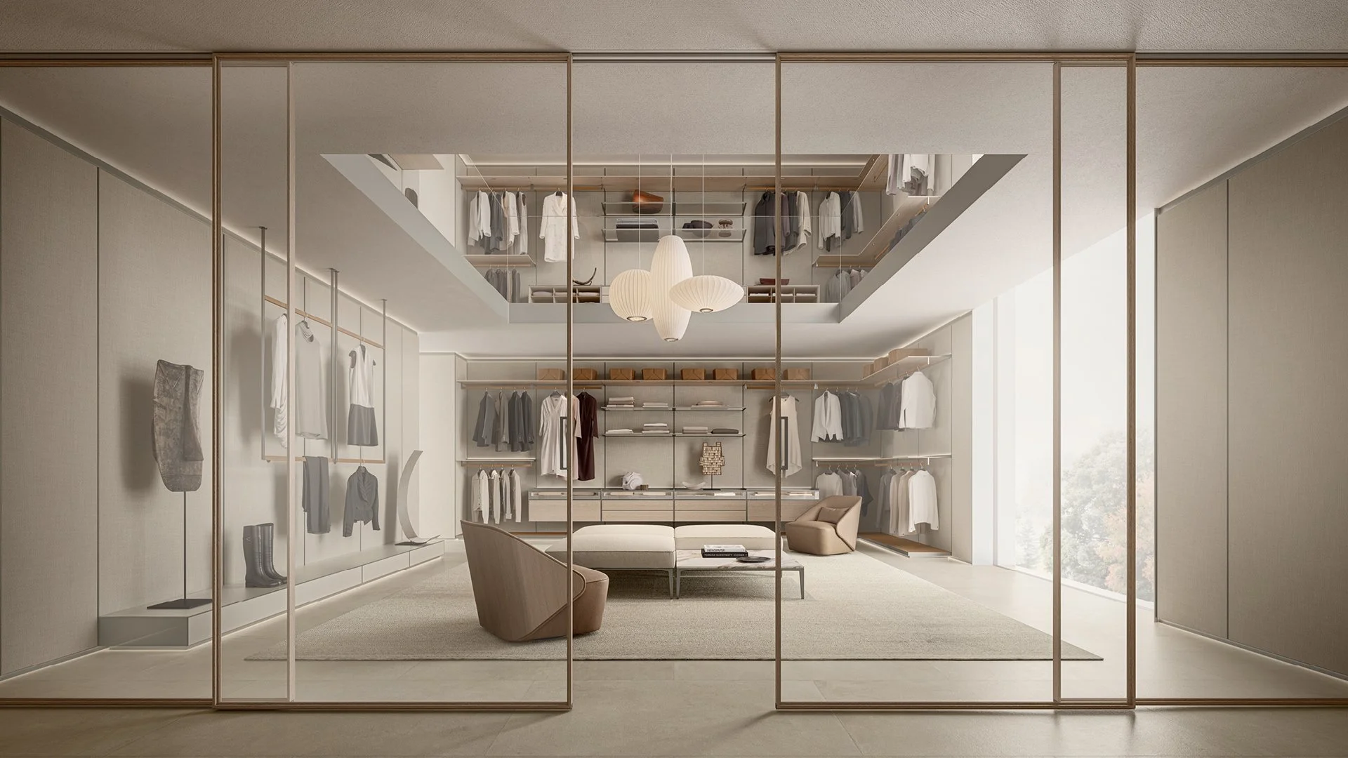 Rimadesio Hedon walk-in closet system with fabric panels and glass shelves - Salone Las Vegas