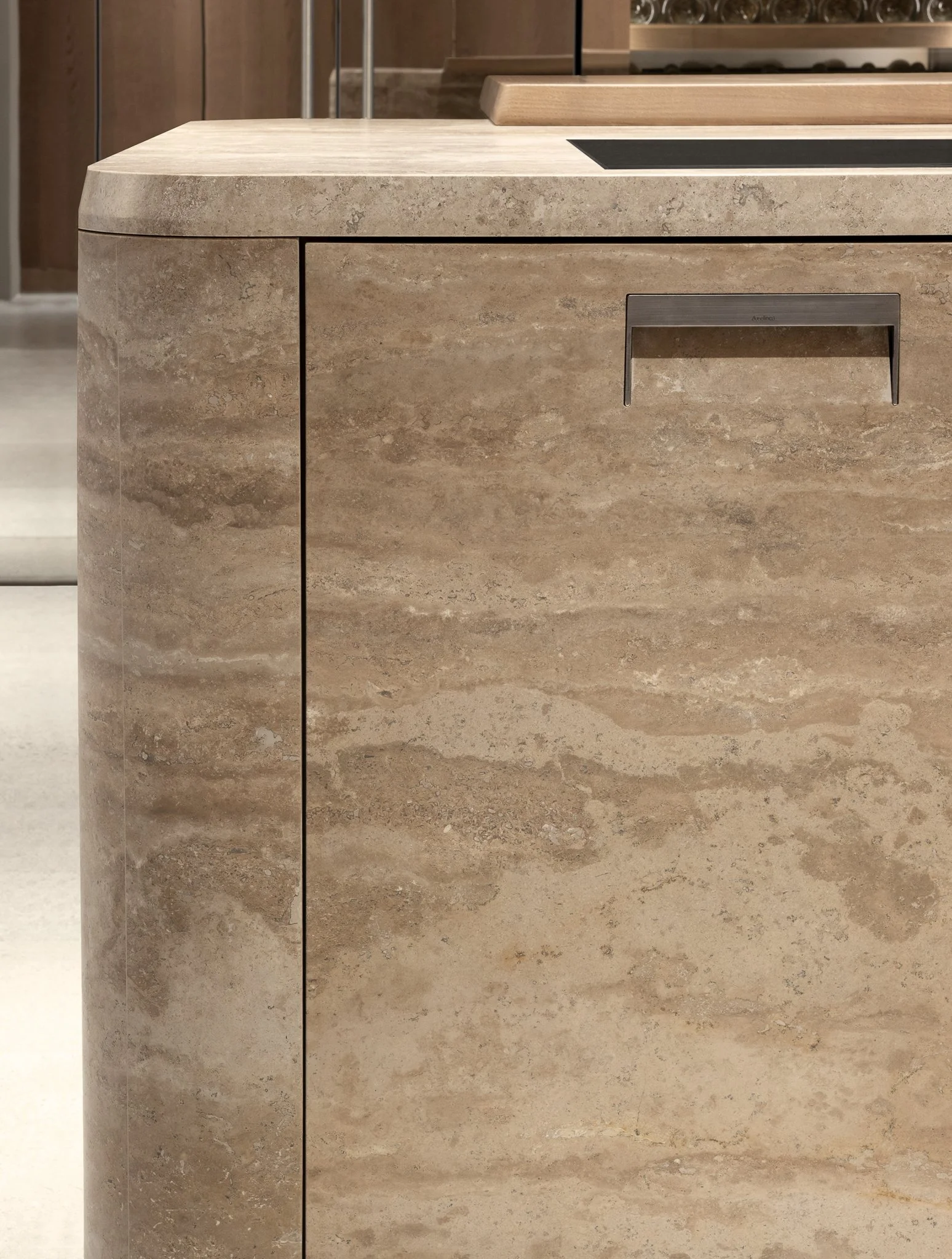 Arclinea Kora luxury curved travertine kitchen island Las Vegas