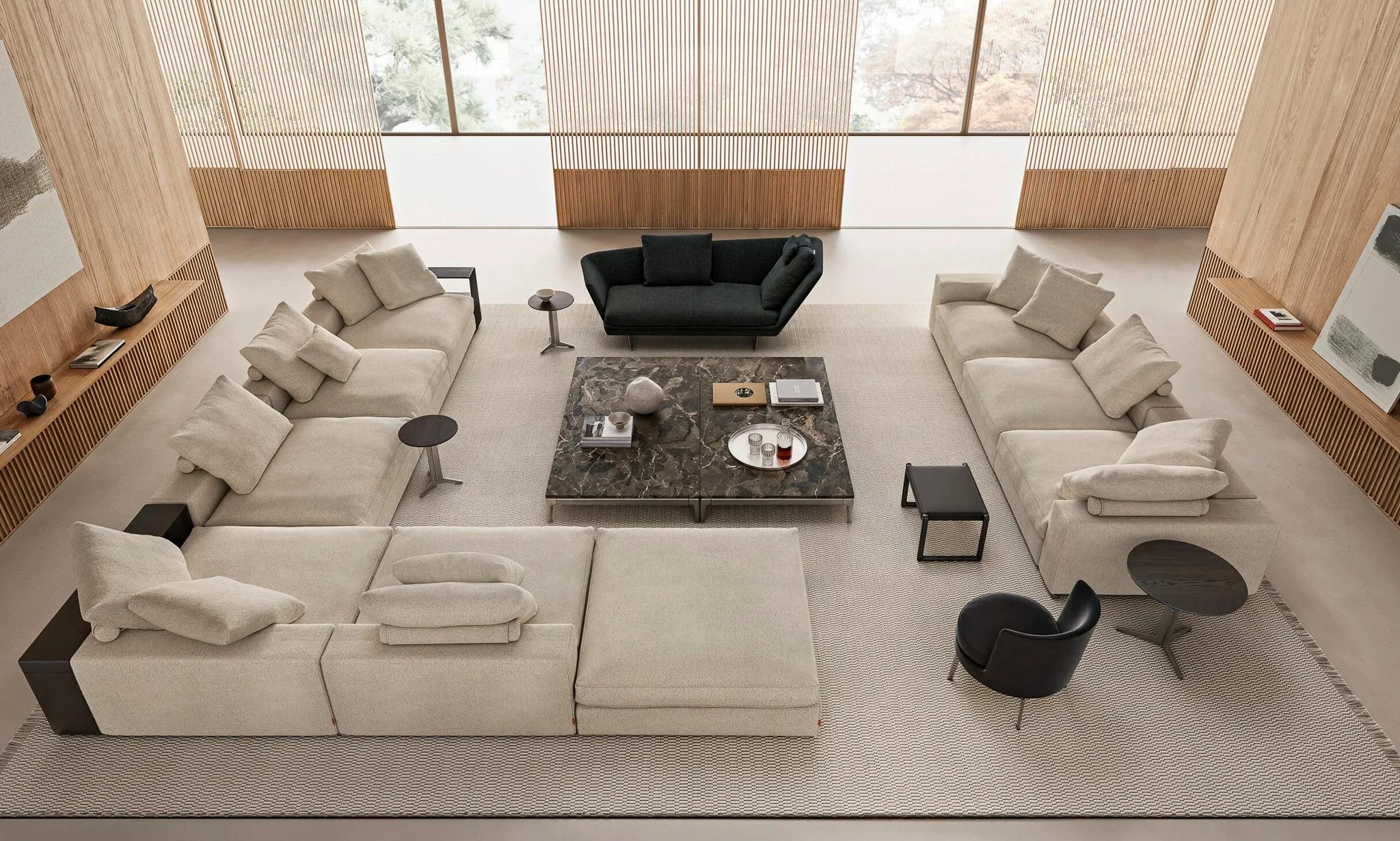 Flexform Groundpiece modular sofa with saddle-hide armrest shelf - Salone Las Vegas
