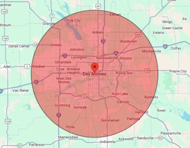 Map showing delivery area around Des Moines in Iowa, highlighting nearby cities and towns.