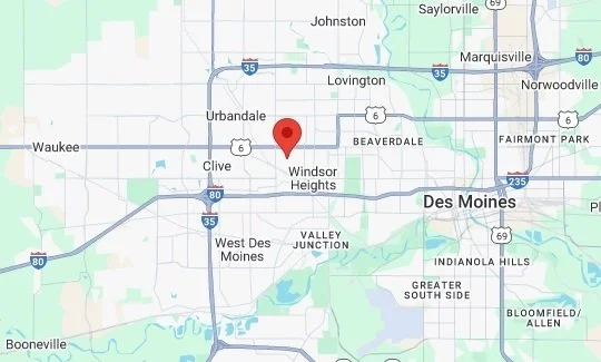Map of area around Des Moines, Iowa area with marker pinpointing DSM Microgreens business location.
