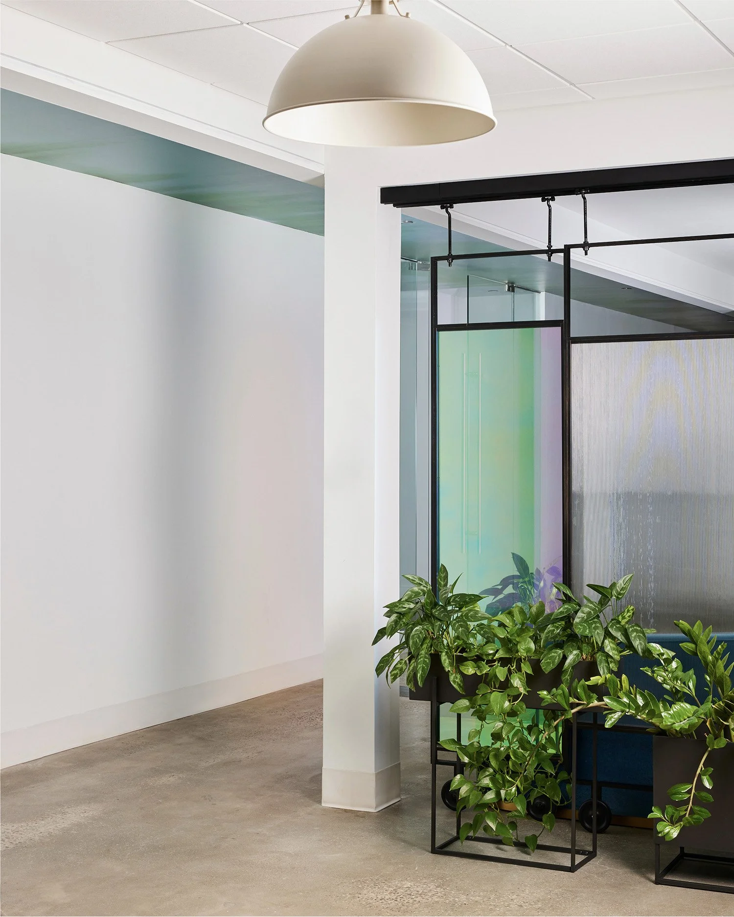 Office design featuring an open floor plan, lush green plants, frosted glass partitions, and soft industrial lighting.