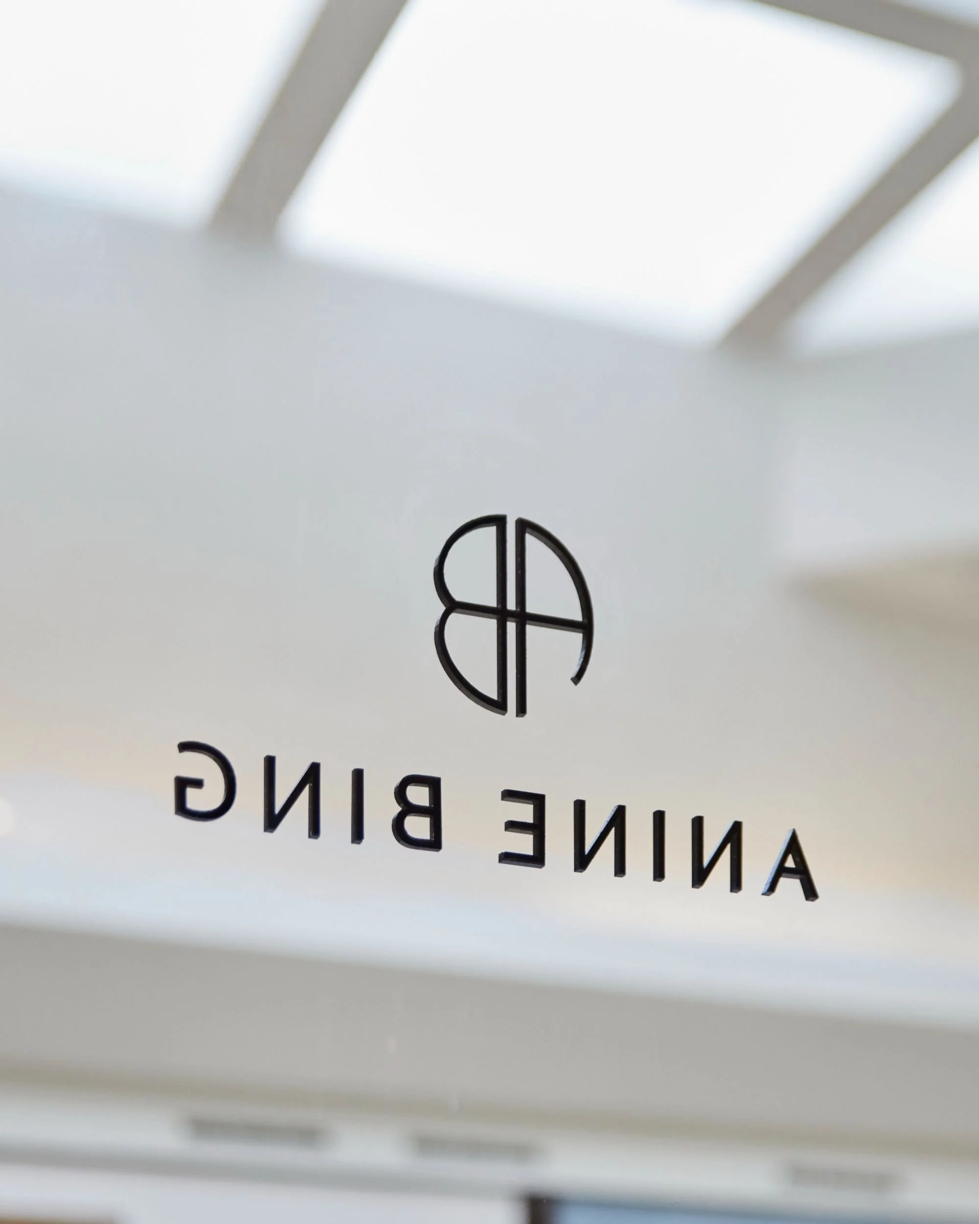 Close-up of Anine Bing logo decal on a boutique window with a blurred retail interior in the background.