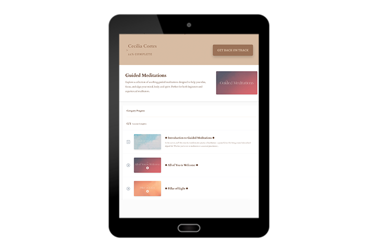 Tablet displaying guided meditations from the 'Living in Alignment' healing library – interface with audio recording options and progress tracker.