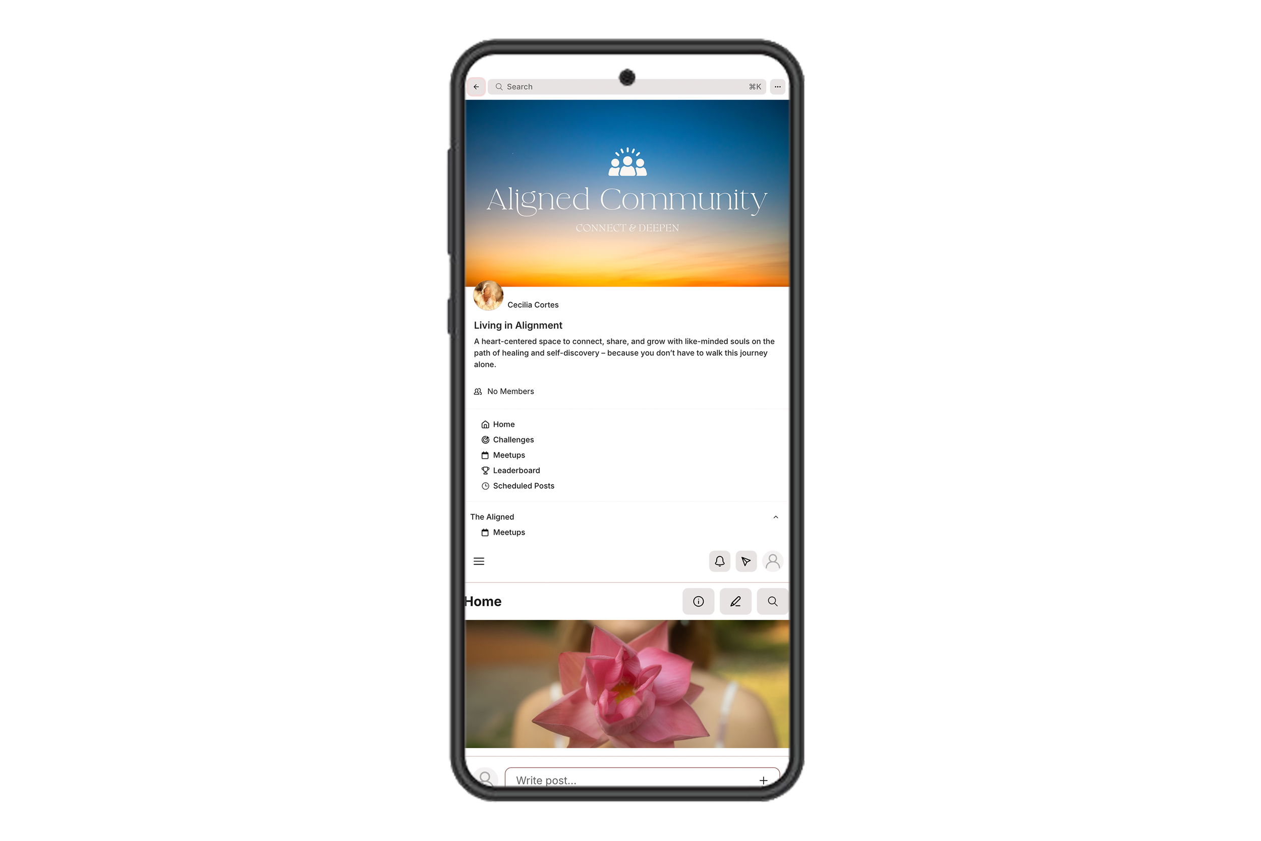 Smartphone displaying a community app for the 'Aligned Community' – Q&A, meetups, leaderboard, and scheduled posts. A pink flower image is partially visible below the options.