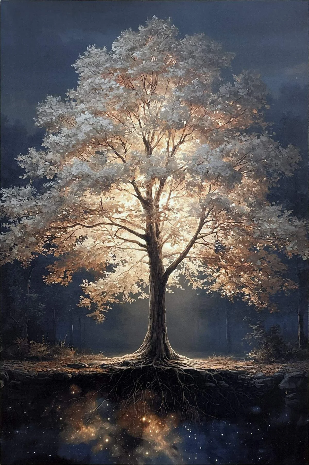 A glowing tree with pale leaves and illuminated roots against a deep blue background.